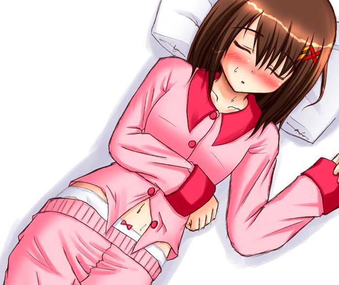 lask, yagami hayate, lyrical nanoha, mahou shoujo lyrical nanoha, mahou shoujo lyrical nanoha a's, non-web source, 00s, 1girl, blush, bow, bow panties, brown hair, closed eyes, clothes pull, collarbone, female focus, hair ornament, long sleeves, lying, navel, open mouth, pajamas, panties, pants, pants pull, pillow, pink pants, pink shirt, red bow, shirt, short hair, sleeping, solo, sweat, underwear, white panties, x hair ornament