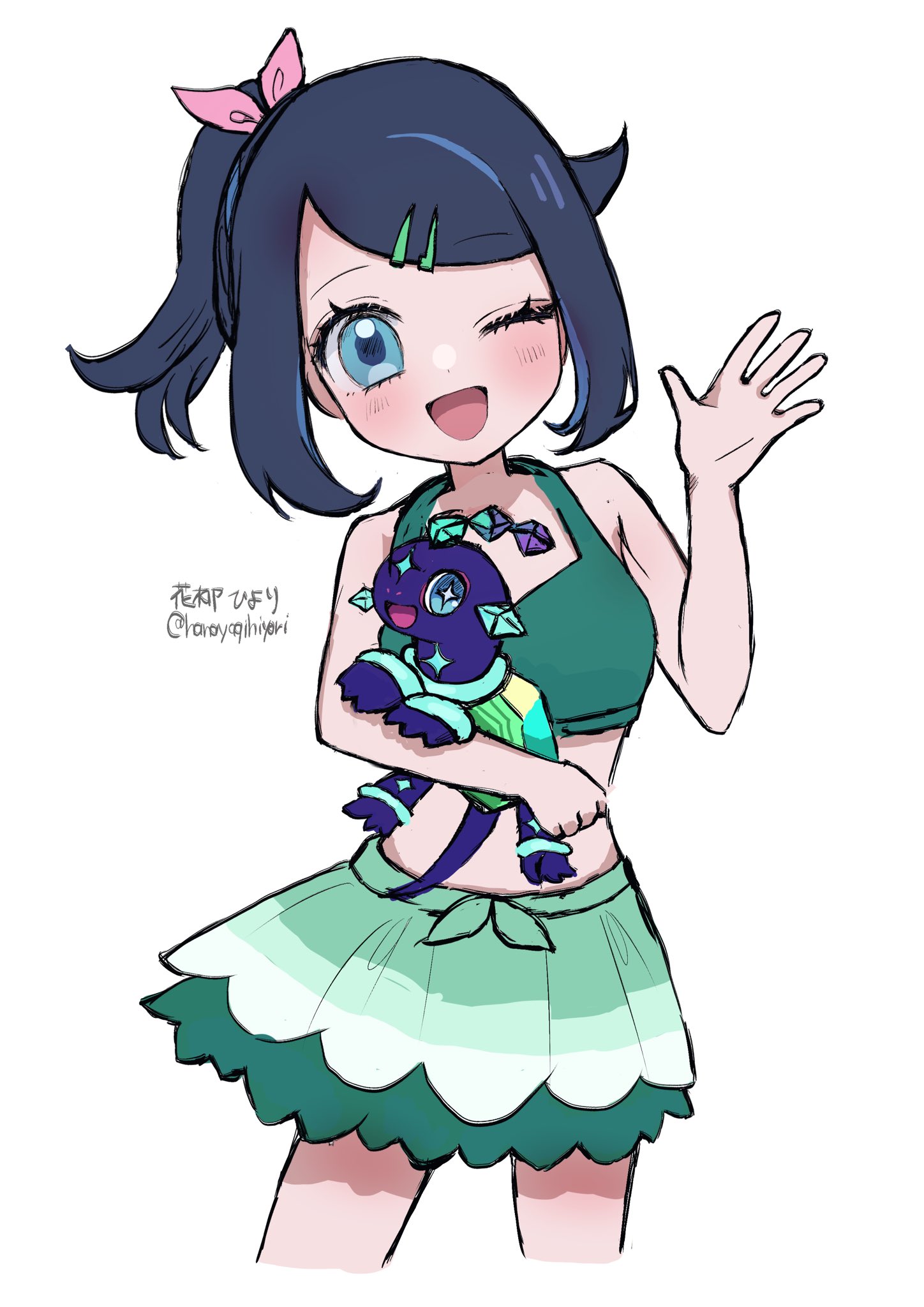 hanayagi hiyori, liko (pokemon), terapagos, terapagos (normal), nintendo, pokemon, pokemon (anime), pokemon horizons, highres, 1girl, ;d, bare shoulders, bikini, bikini skirt, black hair, blue eyes, breasts, green bikini, hair ornament, hairclip, holding, holding pokemon, navel, official alternate costume, one eye closed, open mouth, pokemon (creature), short hair, small breasts, smile, swimsuit, twitter username, white background