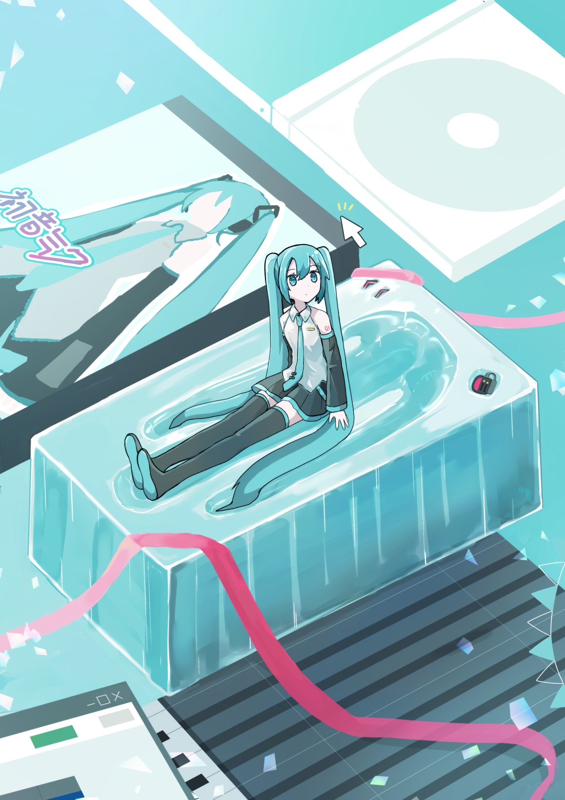 wakolenrin, hatsune miku, vocaloid, highres, 1girl, aqua eyes, aqua hair, aqua necktie, bare shoulders, black skirt, black sleeves, black thighhighs, boots, closed mouth, cube, detached sleeves, grey shirt, instrument, long hair, looking at viewer, mini person, minigirl, miniskirt, necktie, number tattoo, pleated skirt, ribbon, shirt, shoulder tattoo, sitting, skirt, sleeveless, sleeveless shirt, solo, tattoo, thigh boots, thighhighs, twintails, very long hair, wide shot