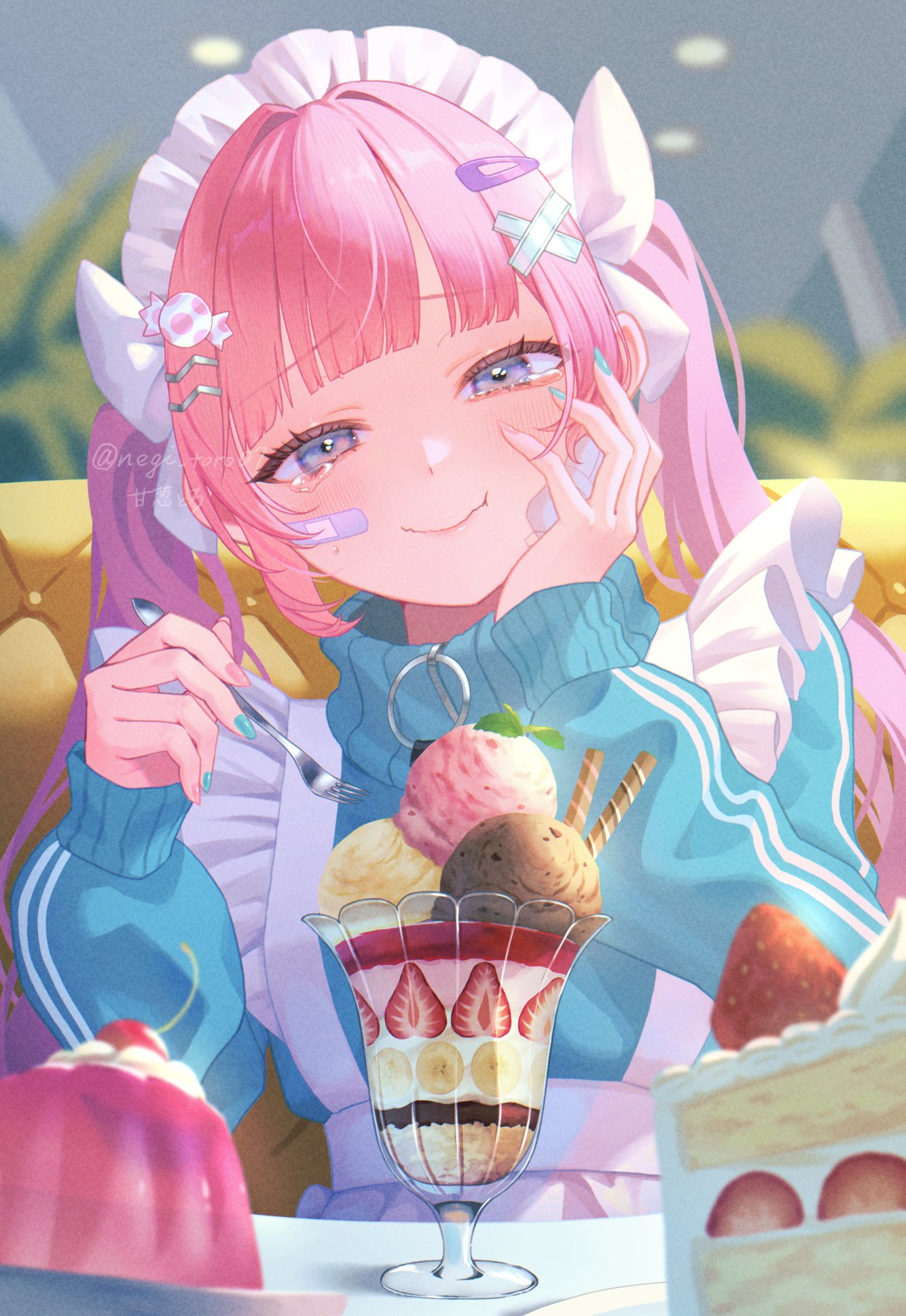 nagi-negitoro, original, highres, 1girl, bandaid, candy, food, hair ornament, hime cut, jersey maid, long hair, looking at viewer, maid, nail polish, pink hair, purple eyes, shirt, solo, sweets, tearing up, twintails, unconventional maid, upper body