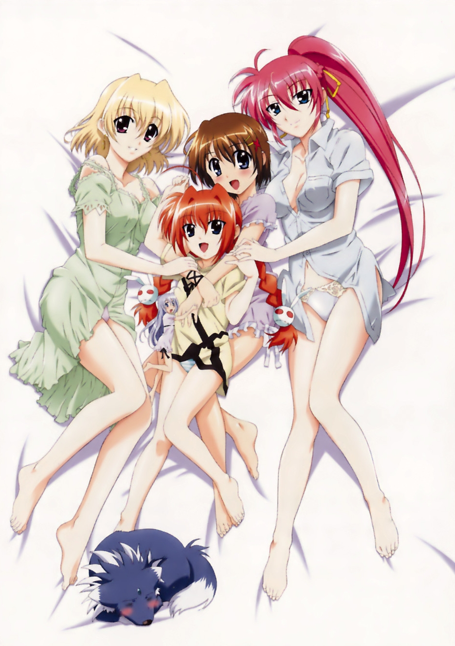 shamal, signum, yagami hayate, zafira, lyrical nanoha, mahou shoujo lyrical nanoha, mahou shoujo lyrical nanoha a's, vita, highres, bed, breasts, cleavage, hug, lingerie, nightgown, panties, shirt, underwear