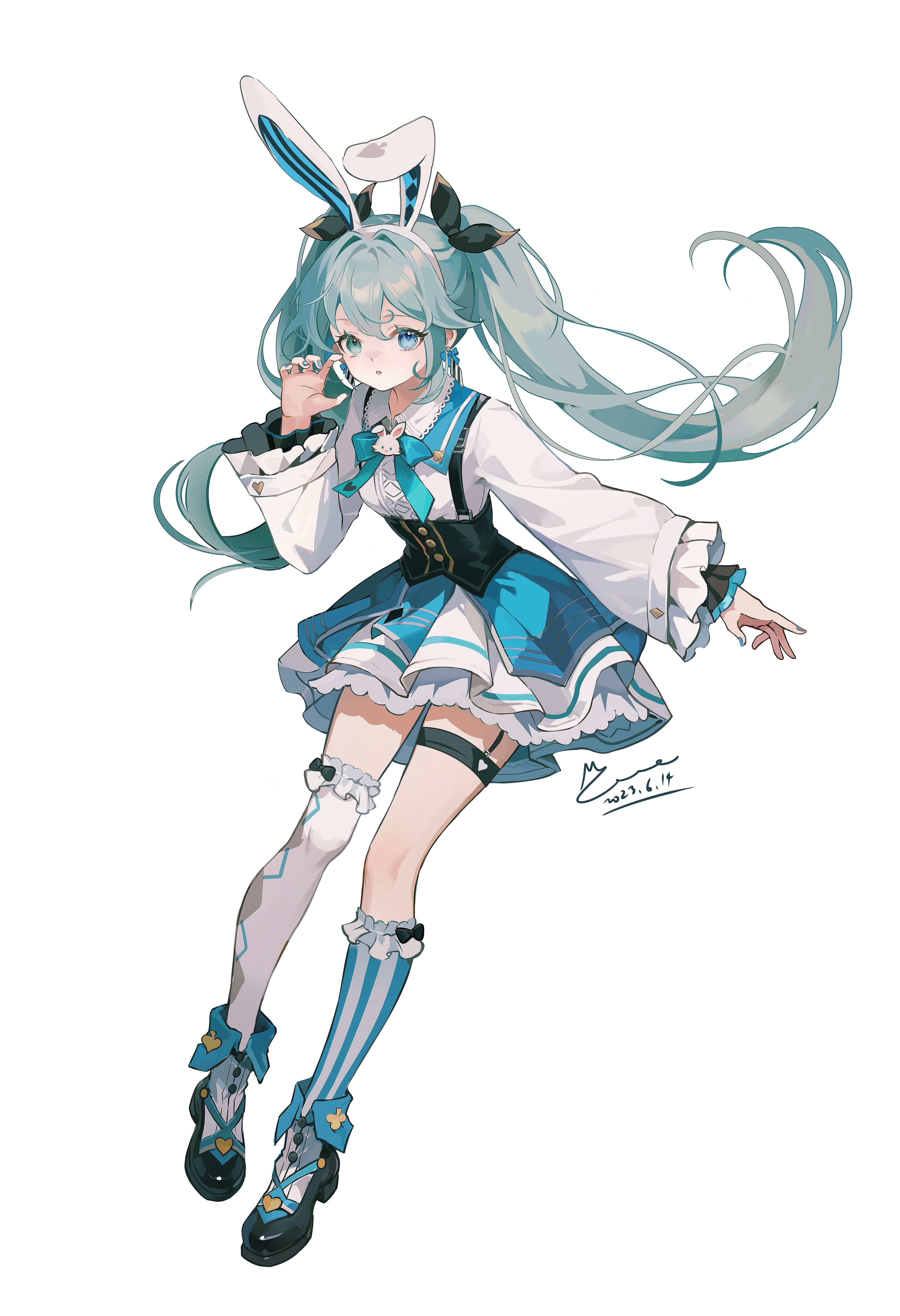 memory mie, hatsune miku, vocaloid, absurdres, chinese commentary, commentary request, highres, 1girl, animal ear hairband, animal ears, asymmetrical legwear, black ribbon, black shoes, blue eyes, blue hair, blue skirt, blue socks, collared shirt, dated, fake animal ears, full body, hair ribbon, hairband, hand up, long hair, long sleeves, looking at viewer, mismatched legwear, open mouth, rabbit ear hairband, rabbit ears, ribbon, shirt, shoes, signature, simple background, single sock, single thighhigh, skirt, socks, solo, standing, striped clothes, striped socks, suspender skirt, suspenders, thighhighs, twintails, uneven legwear, white background, white hairband, white shirt, white thighhighs