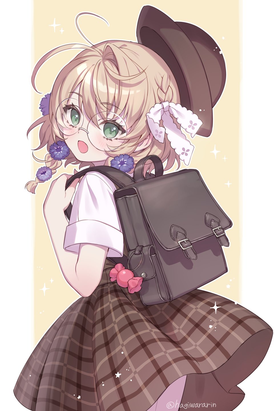 hagiwara rin, yaguruma rine, nijisanji, highres, 1girl, :o, artist name, backpack, bag, blonde hair, blush, braid, flower, from behind, glasses, green eyes, hair between eyes, hair flower, hair ornament, hat, looking at viewer, looking back, medium hair, plaid clothes, plaid skirt, randoseru, skirt, solo, sparkle, twitter username, virtual youtuber