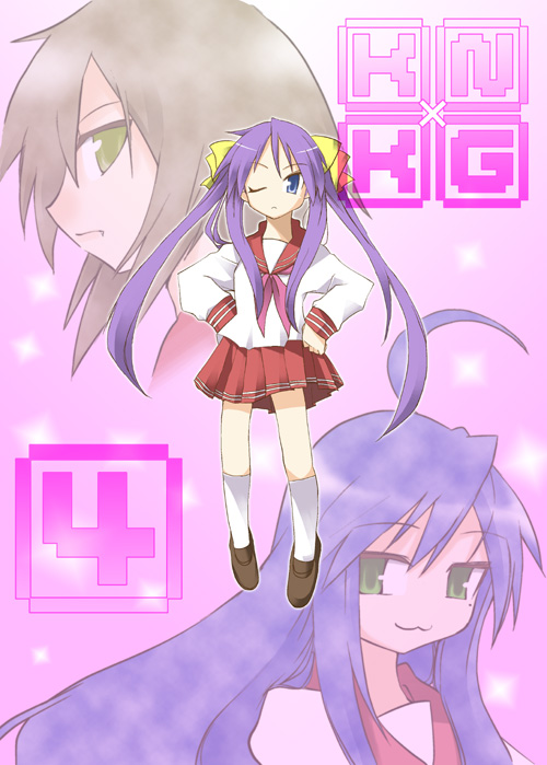 hane (hanegoya), hiiragi kagami, izumi konata, lucky star, white legwear, 00s, 2girls, ahoge, blue hair, green eyes, kneehighs, loafers, long hair, looking at viewer, mole, mole under eye, multiple girls, pleated skirt, shirt, shoes, sidelocks, skirt, socks, standing, twintails, very long hair, white shirt