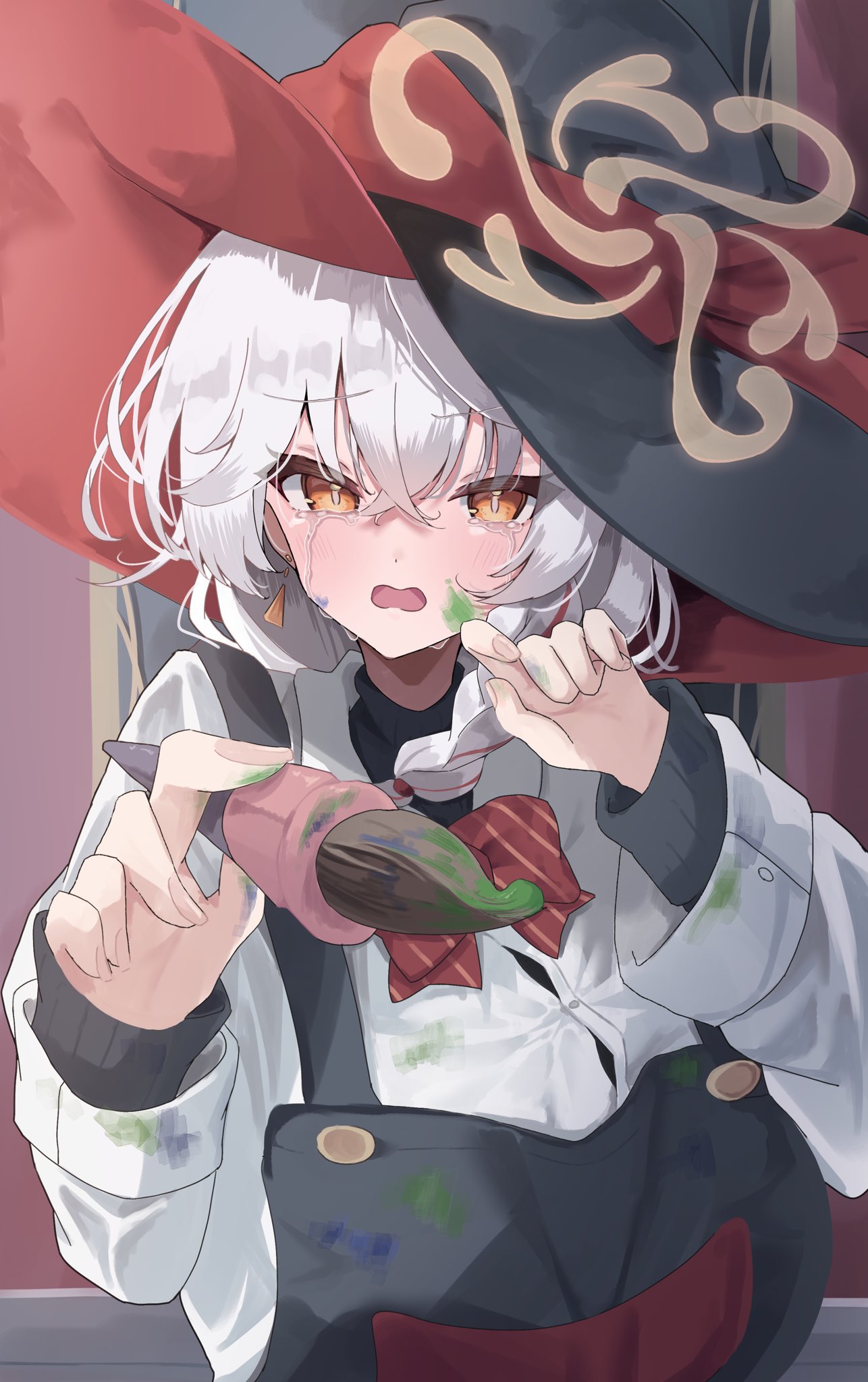 maikro, eri (blue archive), blue archive, commentary, highres, 1girl, apron, black apron, blush, bow, bowtie, braid, breasts, crying, crying with eyes open, dress shirt, earrings, furrowed brow, hat, jewelry, large breasts, long hair, looking at viewer, official alternate costume, paint, paint on clothes, paint splatter, paint splatter on face, paintbrush, painting (action), red bow, red bowtie, shirt, single braid, solo, streaming tears, sweater, tears, turtleneck, turtleneck sweater, upper body, wavy hair, wavy mouth, white hair, white shirt, witch hat, yellow eyes