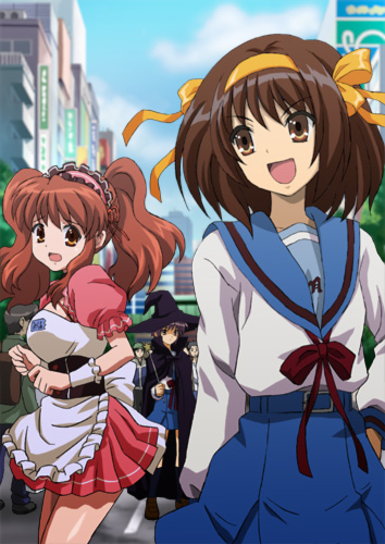 midori (searchlight), asahina mikuru, nagato yuki, suzumiya haruhi, suzumiya haruhi no yuuutsu, lowres, 00s, 3girls, apron, belt, blue skirt, blue sky, brown eyes, brown hair, building, cape, cowboy shot, day, dress, hair ribbon, hairband, hand on own hip, hat, holding, long sleeves, looking back, multiple girls, open mouth, outdoors, purple hair, red dress, ribbon, school uniform, serafuku, short hair, skirt, sky, staff, stick, wand, wavy mouth, witch hat, yellow ribbon