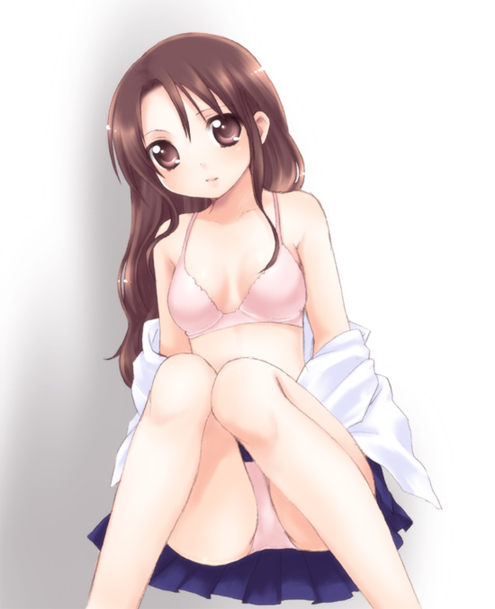 usashiro mani, bad id, bad pixiv id, 1girl, bra, brown eyes, brown hair, female focus, lingerie, long hair, matching underwear, panties, school uniform, serafuku, solo, underwear, undressing