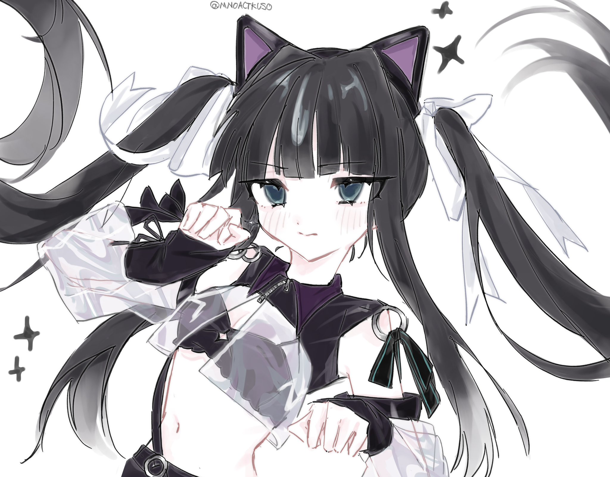 arcaea, highres, 1girl, animal ears, bare shoulders, belt, black belt, black bra, black hair, black ribbon, blue eyes, blush, bra, breasts, cat ears, cleavage, fingerless gloves, floating hair, gloves, hair ribbon, long hair, mnoactkuso, navel, ribbon, see-through clothes, tairitsu (djmax collaboration) (arcaea), twintails, underwear, white ribbon