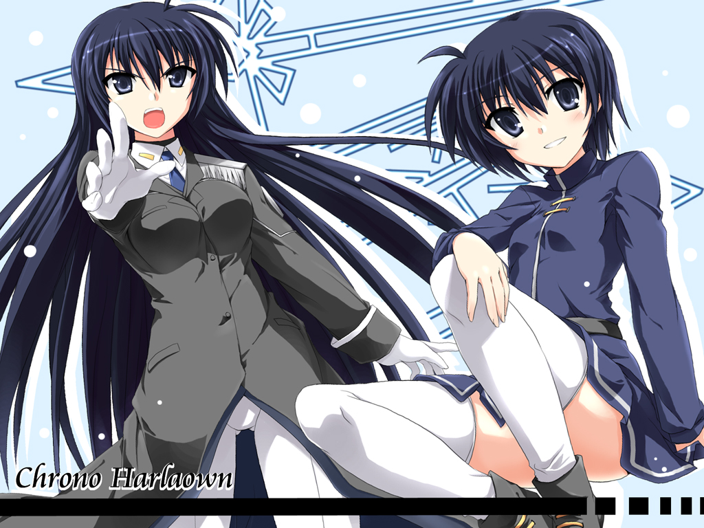 kusakami akira, chrono harlaown, lyrical nanoha, mahou shoujo lyrical nanoha, gender request, 00s, 1girl, :d, buttons, genderswap, gloves, index finger raised, long hair, looking at viewer, military, military uniform, open mouth, short hair, smile, thighhighs, white gloves, white thighhighs, zettai ryouiki