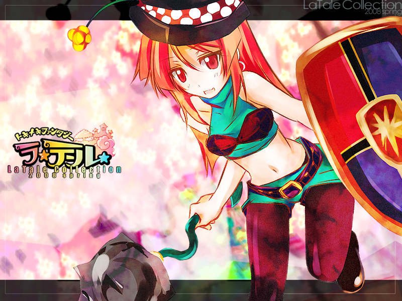 g-ist, knight (latale), latale, 1girl, :d, armor, bandeau, belt, bikini, blush, crop top, earrings, female focus, flat chest, flower, hat, hoop earrings, jewelry, leg up, letterboxed, long hair, mace, open mouth, orange hair, pantyhose, pantyhose under shorts, polka dot, red eyes, shield, short shorts, shorts, smile, solo, swimsuit, turtleneck, weapon