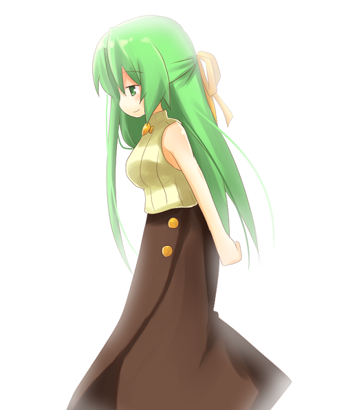 yuzuki (yuduame), sonozaki shion, higurashi no naku koro ni, bad id, bad pixiv id, 00s, 1girl, bare shoulders, bow, female focus, green eyes, green hair, hair bow, half updo, long hair, matching hair/eyes, sleeveless, sleeveless turtleneck, solo, standing, turtleneck