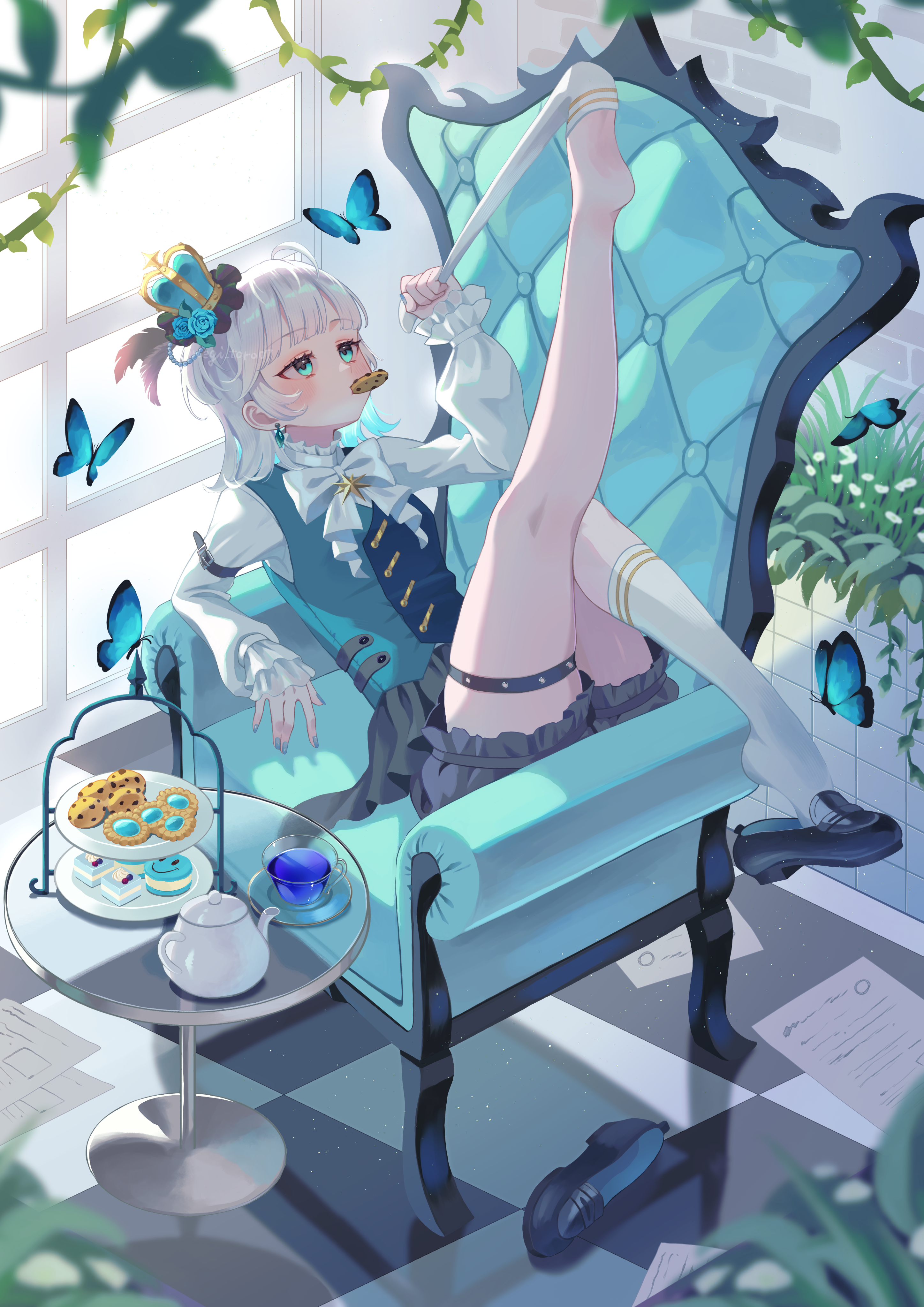 nagi-negitoro, original, absurdres, highres, 1girl, bottle cap, bow, bug, butterfly, chair, cookie, crown, feet, food, hair ornament, insect, jewelry, legs, looking at viewer, shirt, short hair, sitting, solo, tea, white hair