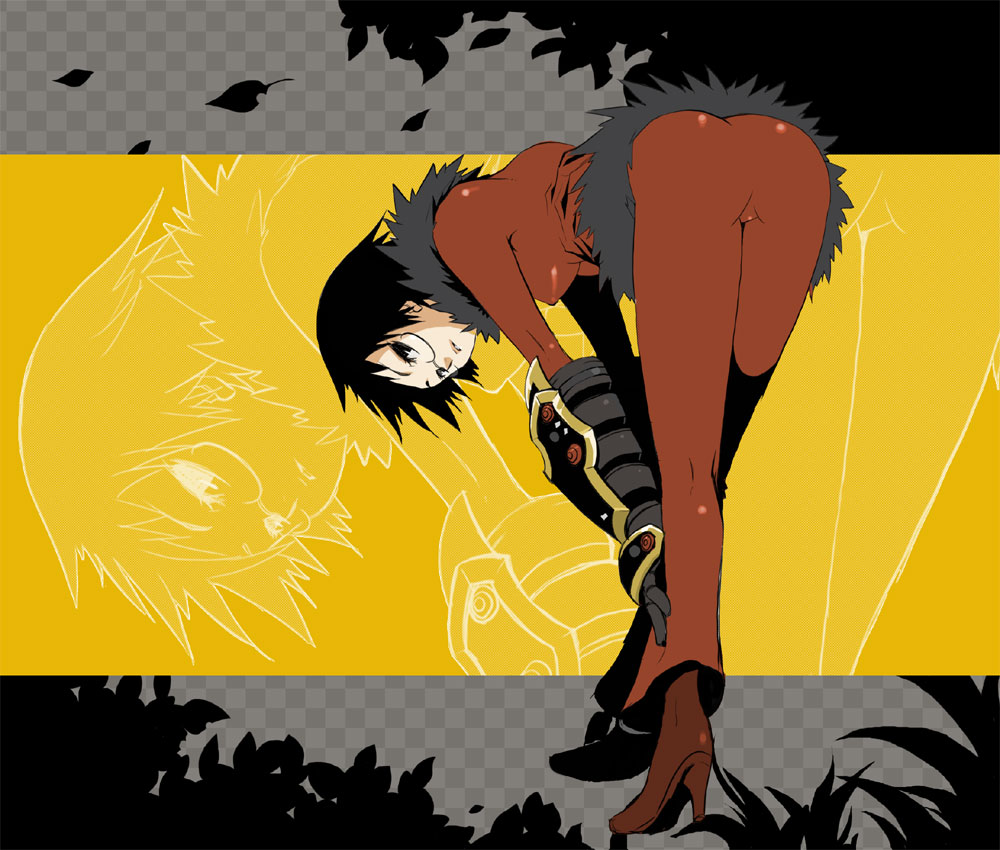 gin (oyoyo), alchemist (sekaiju), alchemist 2 (sekaiju), atlus, etrian odyssey, jpeg artifacts, ass, bent over, black hair, glasses, high heels, shoes, solo, zoom layer
