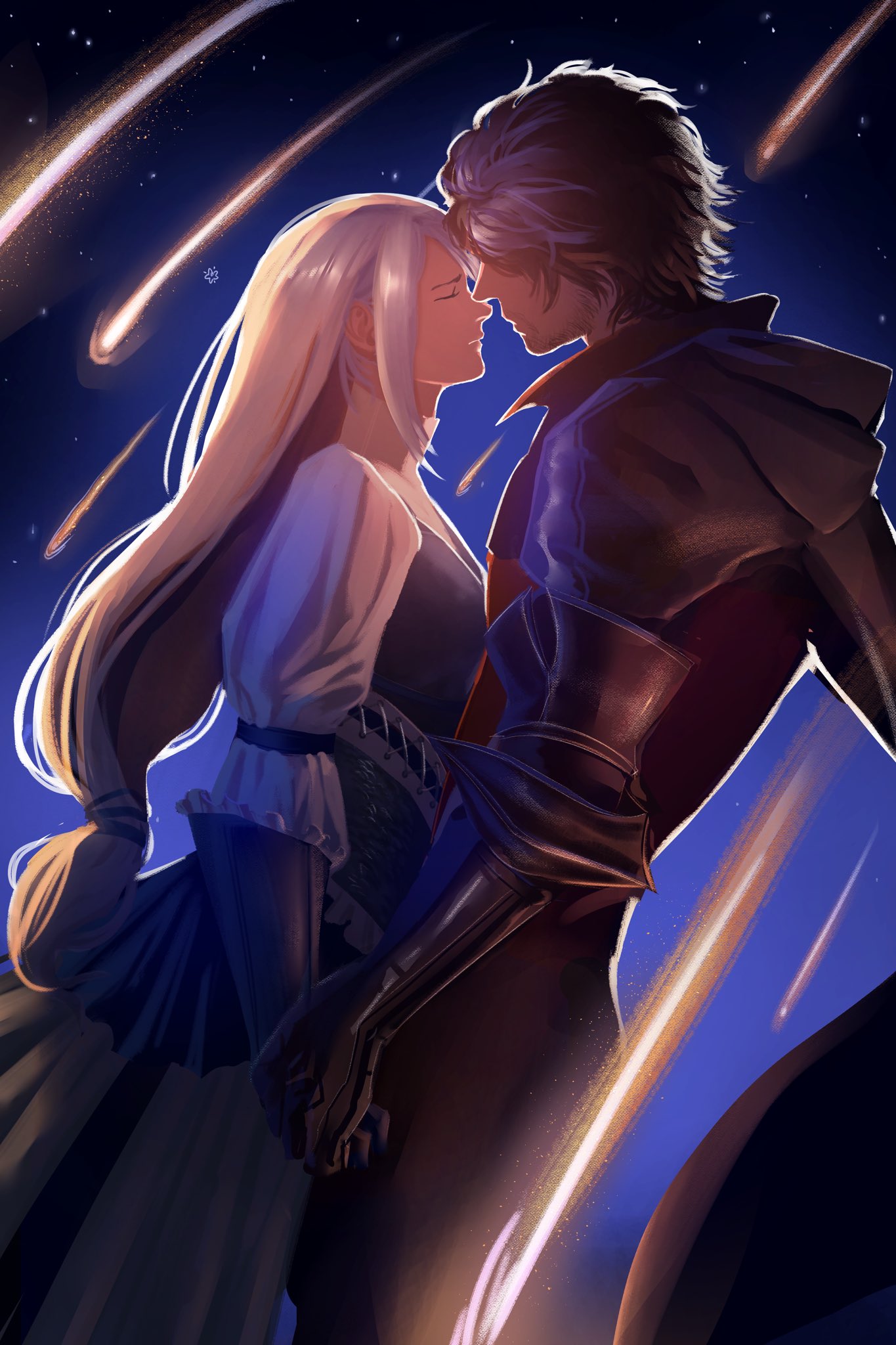 bunnedbutter, clive rosfield, jill warrick, final fantasy, final fantasy xvi, commentary, english commentary, highres, 1boy, 1girl, black cape, black hair, blue skirt, cape, closed eyes, facial hair, facing another, feet out of frame, from side, gauntlets, grey hair, jacket, long hair, low-tied long hair, night, night sky, profile, shirt, shooting star, short hair, skirt, sky, standing, white shirt
