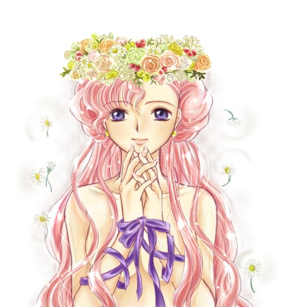 euphemia li britannia, code geass, 00s, donut hair bun, flower, hair bun, long hair, nude, pink hair, purple eyes, ribbon, solo