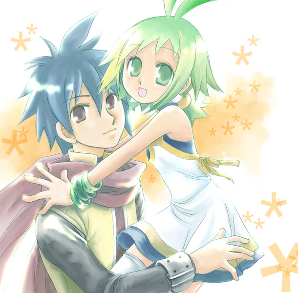 ash (phantom brave), marona (phantom brave), phantom brave, 1boy, 1girl, antenna hair, bare shoulders, blue hair, bracelet, brown eyes, couple, dress, green eyes, green hair, hetero, hug, jewelry, looking at viewer, simple background, white background, white dress