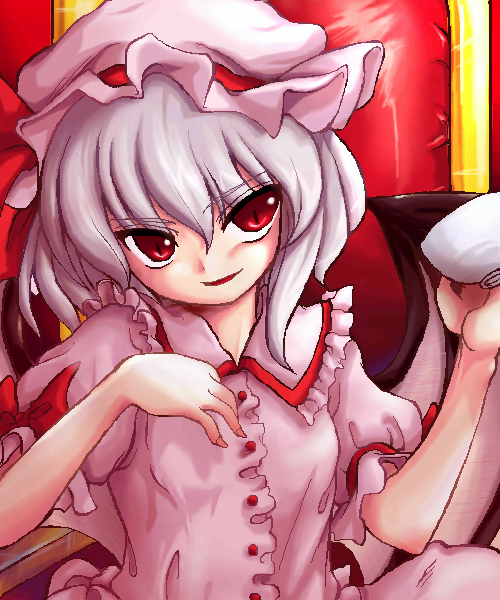 remilia scarlet, touhou, 1girl, cup, female focus, hat, purple hair, red eyes, solo, teacup, upper body