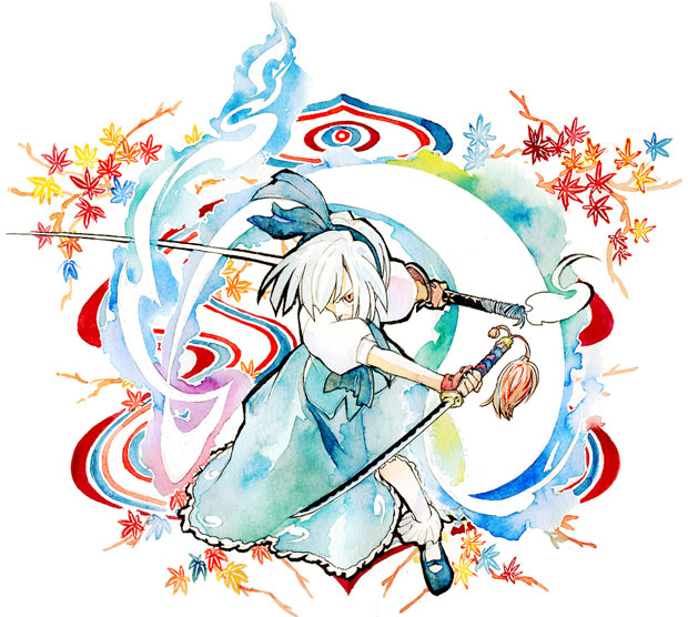 hino tomoyuki, konpaku youmu, konpaku youmu (ghost), touhou, 1girl, female focus, hitodama, katana, solo, sword, weapon