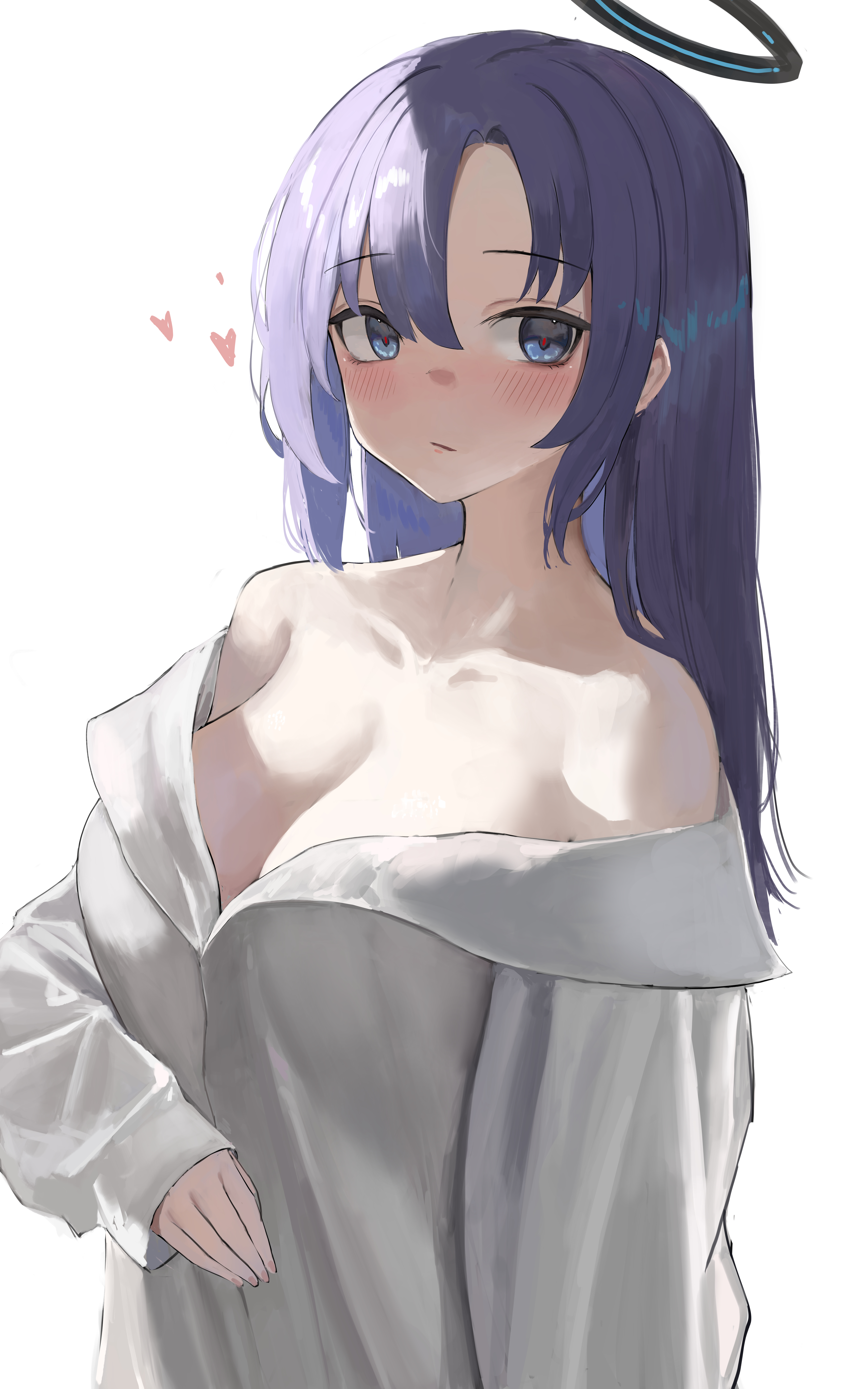 moji (m 0j 4), yuuka (blue archive), blue archive, absurdres, commentary, highres, 1girl, alternate costume, bare shoulders, black halo, blue eyes, blue hair, blush, breasts, cleavage, closed mouth, hair down, halo, large breasts, long hair, looking at viewer, off shoulder, shirt, simple background, solo, white background, white shirt