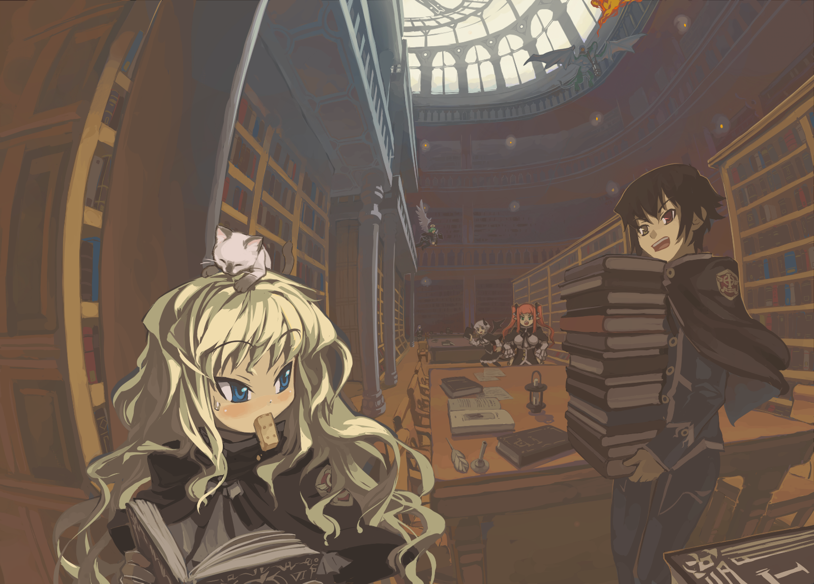 itsukia, original, bad id, bad pixiv id, highres, 1boy, 3girls, animal, animal on head, blonde hair, blue eyes, cat, cat on head, cookie, fisheye, food, library, multiple girls, on head, scenery, wavy hair