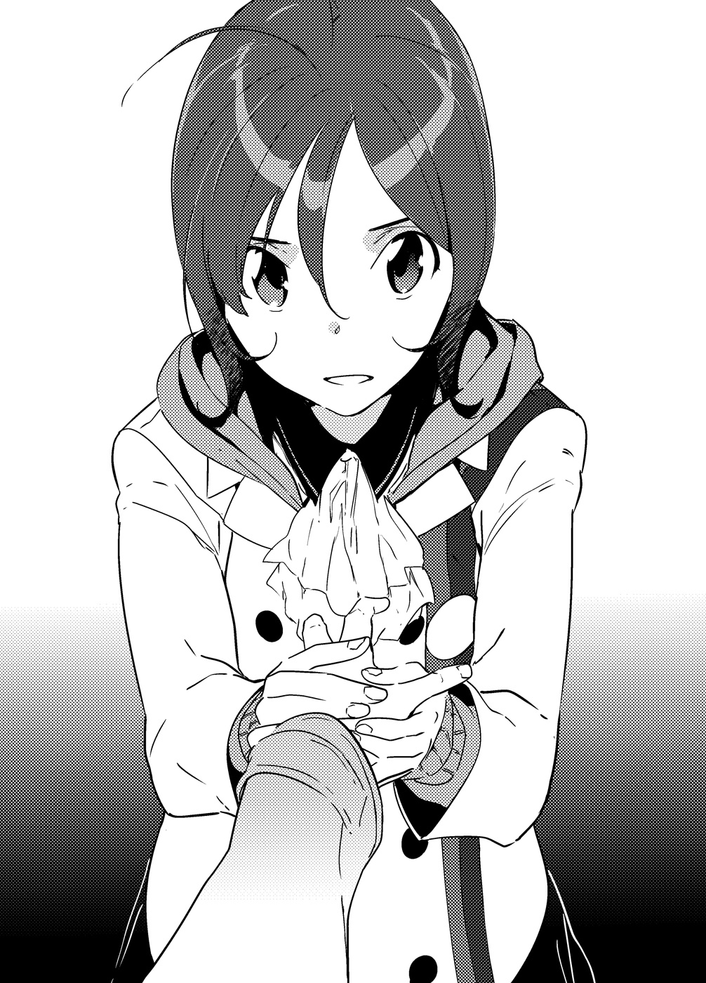 pako (pakosun), aikawa miyuu, gamon yuuta, occultic;nine, science adventure, highres, non-web source, official art, 1boy, 1girl, ahoge, gradient background, greyscale, grin, hair between eyes, hand grab, hood, jacket, long hair, long sleeves, looking at viewer, monochrome, pov, pov hands, simple background, smile, upper body