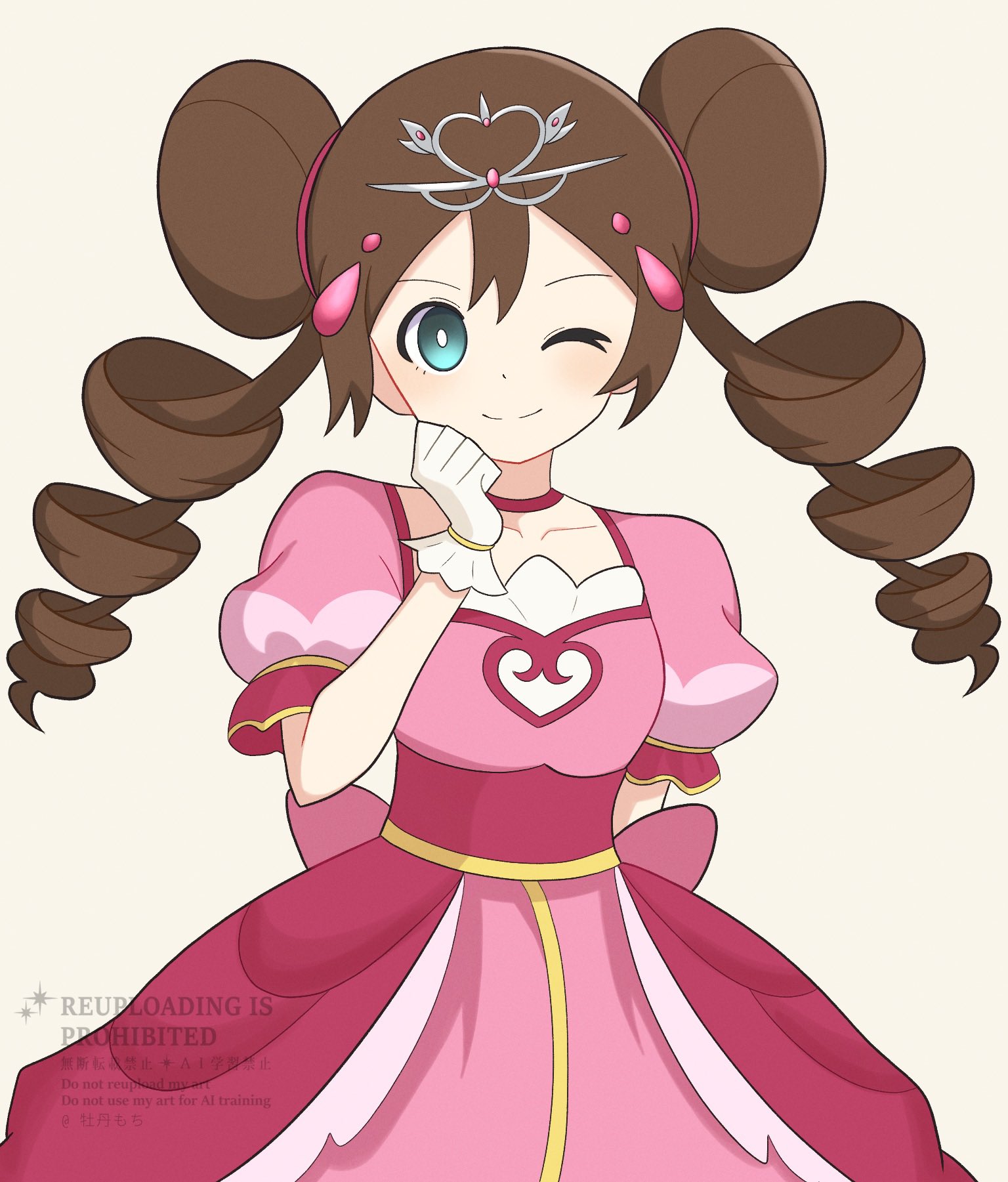 botamochi126, rosa (pokemon), nintendo, pokemon, pokemon bw2, highres, 1girl, ;), arm behind back, blue eyes, brown hair, choker, closed mouth, double bun, dress, drill hair, gloves, hair bun, hair ornament, looking at viewer, official alternate costume, one eye closed, pink choker, pink dress, puffy short sleeves, puffy sleeves, short sleeves, smile, solo, tiara, twin drills, white background, white gloves