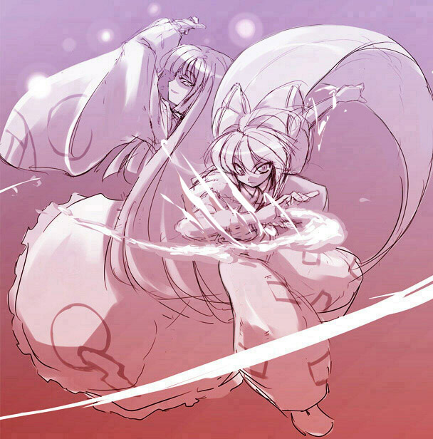 tooya, touya (the-moon), fujiwara no mokou, houraisan kaguya, touhou, 2girls, blunt bangs, female focus, long hair, long sleeves, looking at viewer, monochrome, multiple girls, ofuda, pants, shirt, suspenders, very long hair, wide sleeves