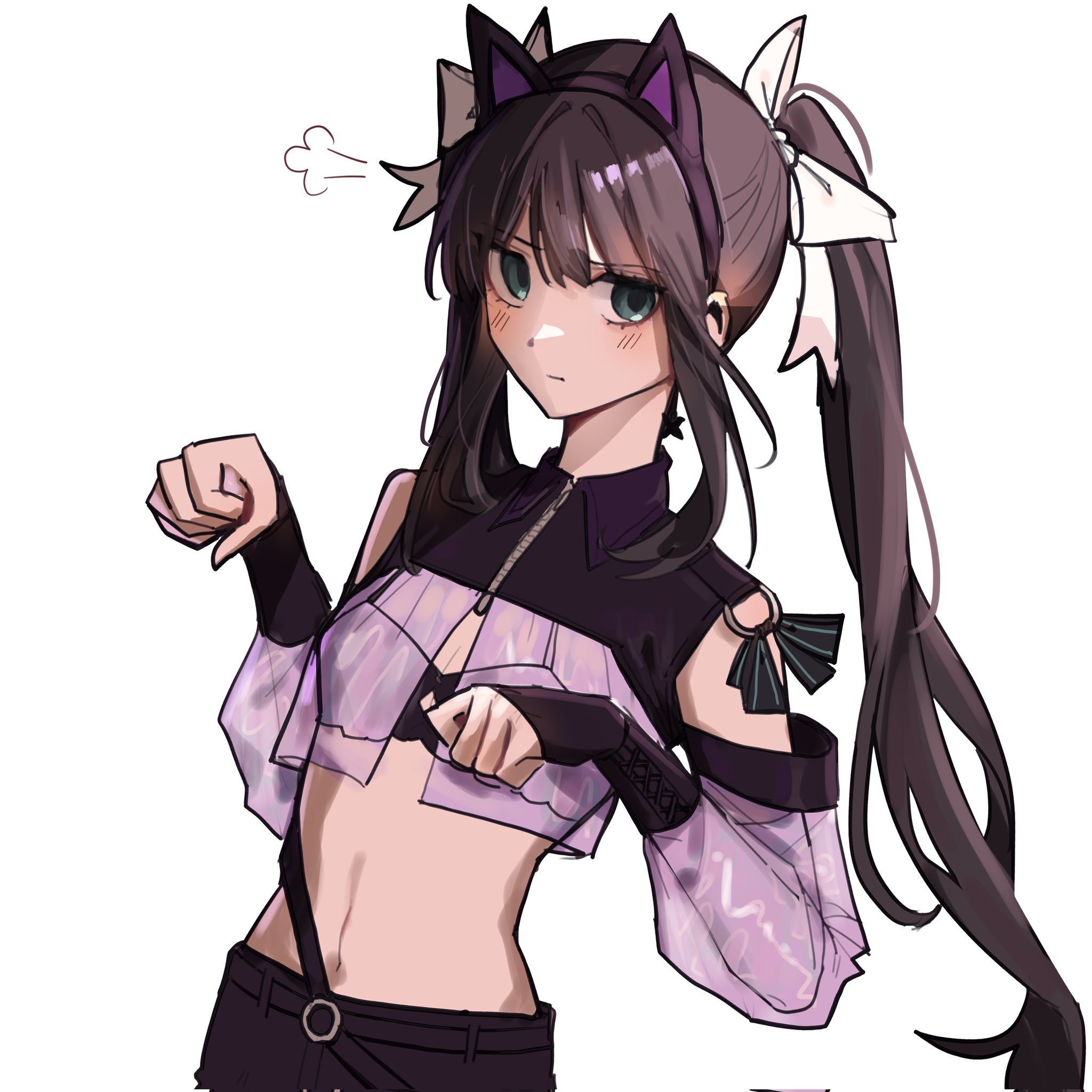 onionion0724, arcaea, highres, 1girl, animal ears, bare shoulders, belt, black belt, black bra, black hair, black ribbon, black shorts, blue eyes, blush, bra, cat ears, closed mouth, cowboy shot, fingerless gloves, gloves, hair ribbon, long hair, paw pose, ribbon, see-through clothes, shorts, tairitsu (djmax collaboration) (arcaea), twintails, underwear, v-shaped eyebrows, white ribbon