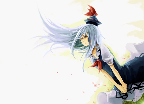 riku (artist), riku (wana), kamishirasawa keine, touhou, kerchief, bad id, bad pixiv id, 1girl, blue dress, blue hair, cowboy shot, dress, female focus, from side, hat, profile, puffy short sleeves, puffy sleeves, short sleeves, simple background, solo, tate eboshi, white background