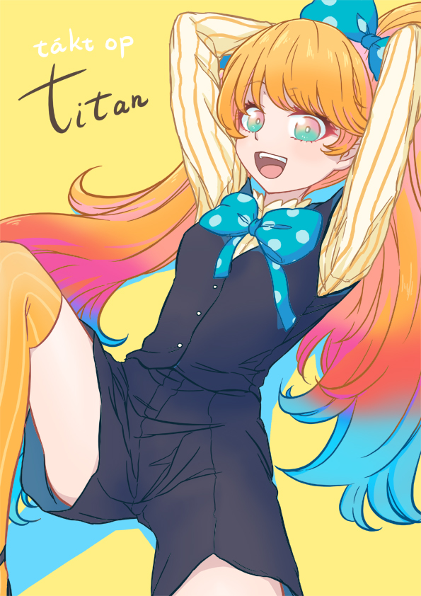 mizuki maya, titan (takt op.), takt op., commentary, 1girl, :d, arms up, black shorts, black vest, blue bow, blue bowtie, blue hair, bow, bowtie, breasts, buttons, character name, copyright name, gradient eyes, green eyes, hair bow, leg up, multicolored eyes, open mouth, orange hair, orange thighhighs, pink eyes, pinstripe sleeves, pinstripe thighhighs, polka dot, polka dot bow, polka dot bowtie, shirt, short shorts, shorts, small breasts, smile, solo, thighhighs, twintails, vest, yellow shirt