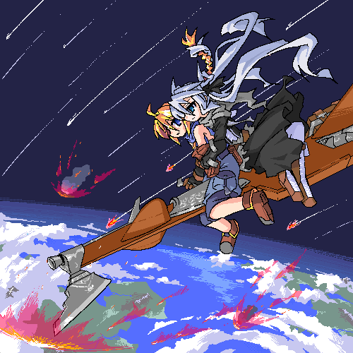 mof, girl with a blonde braid (tomoshibi hidekazu), mof's silver haired twintailed girl, redrantem's orange haired girl, final fantasy, final fantasy vii, original, lowres, 1990s (style), 2girls, atmospheric entry, aura, boots, borrowed character, braid, burning, earth (planet), energy, glowing, hug, hug from behind, lace-up boots, meteor, multiple girls, oekaki, planet, plasma, retro artstyle, scarf, space