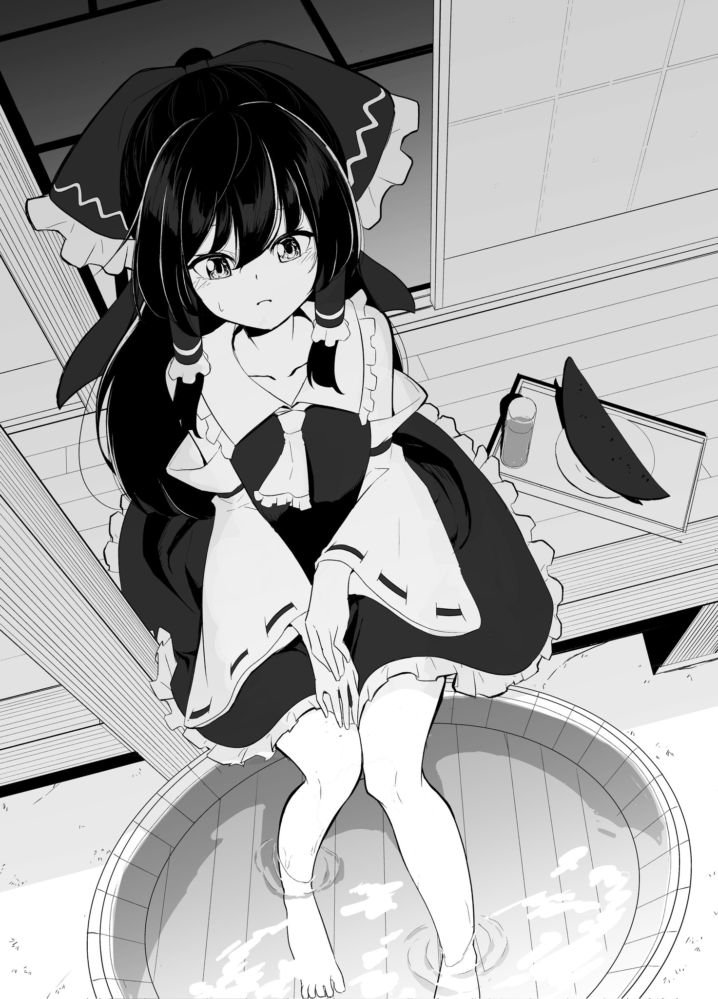 hakurei reimu, touhou, commentary request, highres, 1girl, ascot, barefoot, bow, bucket, cup, detached sleeves, drinking glass, food, foot bath, frilled bow, frilled hair tubes, frilled skirt, frills, fruit, greyscale, hair bow, hair tubes, kakunoshin22, long hair, monochrome, ribbon-trimmed sleeves, ribbon trim, sitting, skirt, soaking feet, solo, sweatdrop, toes, tray, very long hair, water, watermelon, watermelon slice, wooden bucket