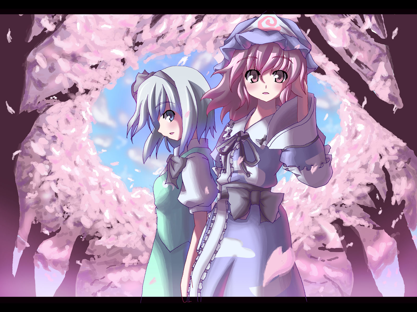konpaku youmu, saigyouji yuyuko, perfect cherry blossom, touhou, highres, 2girls, cherry blossoms, female focus, forest, hair between eyes, hand in own hair, hat, letterboxed, mob cap, multiple girls, nature, outdoors, plant, skirt, sky