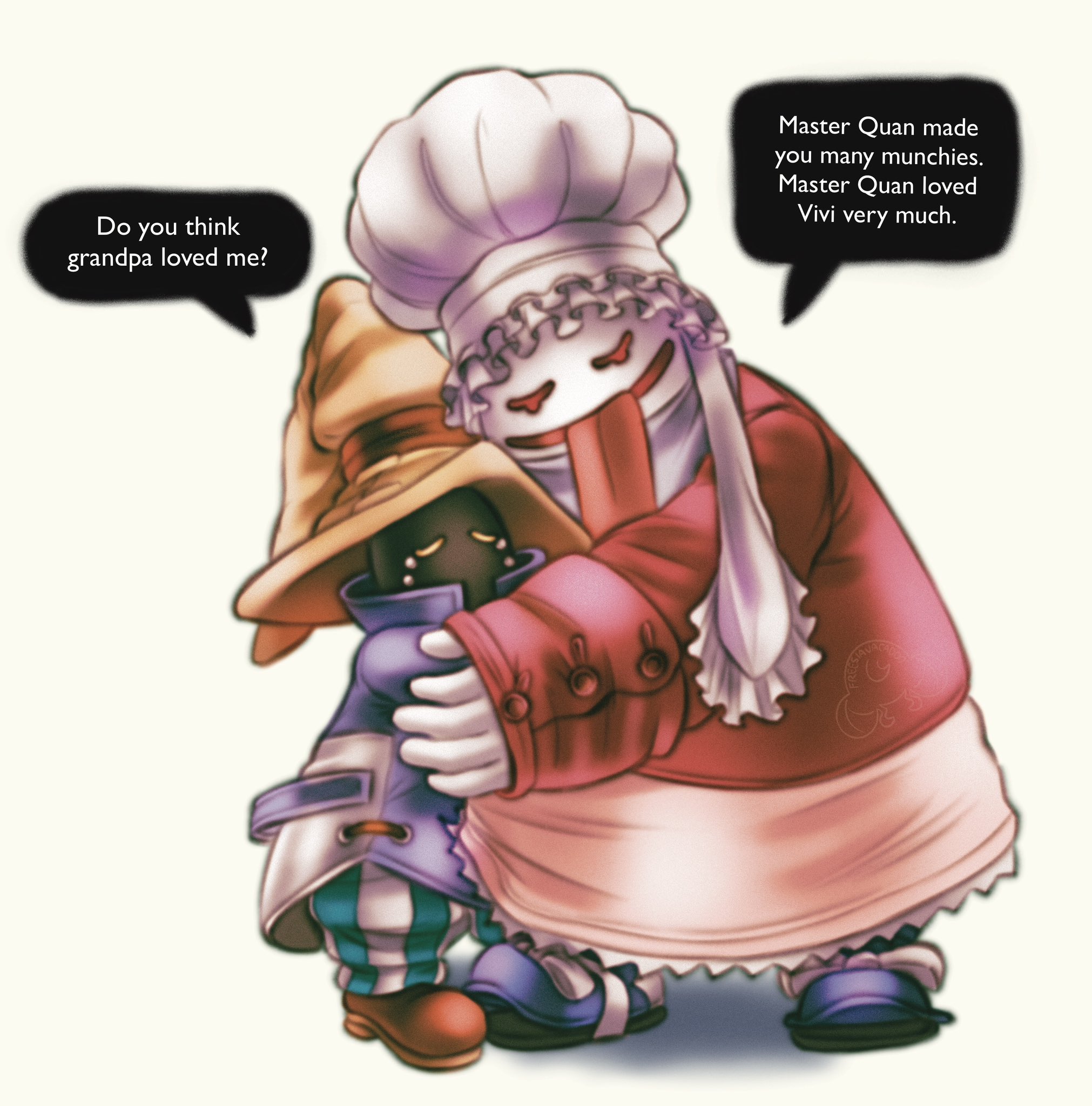 freesiavacadoo, black mage (final fantasy), quina quen, vivi ornitier, final fantasy, final fantasy ix, commentary, english commentary, highres, 1boy, 1other, blue coat, boots, brown boots, chef hat, closed eyes, coat, english text, full body, hat, height difference, hug, leaning on person, leaning to the side, long sleeves, simple background, speech bubble, standing, tears, tongue, tongue out, white hat, wizard hat