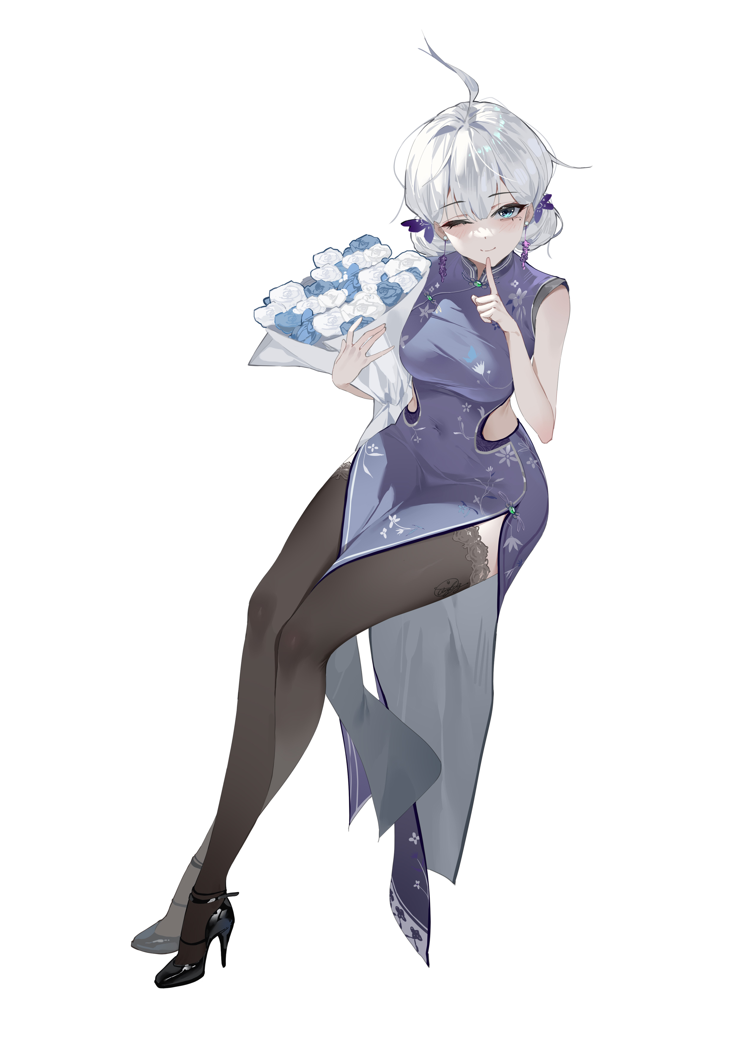 pugongying, xingtong, qq dance, absurdres, chinese commentary, commentary request, highres, ahoge, bare arms, black shoes, black thighhighs, blue eyes, blue flower, bouquet, china dress, chinese clothes, closed mouth, clothing cutout, collar, collared dress, crossed legs, dress, finger to mouth, floral print, flower, full body, grey dress, hair ornament, high heels, holding, holding bouquet, light smile, long dress, long hair, looking at viewer, mole, mole under eye, multicolored dress, one eye closed, purple collar, purple dress, shoes, shushing, side cutout, simple background, sleeveless, sleeveless dress, thighhighs, white background, white collar, white dress, white flower, white hair