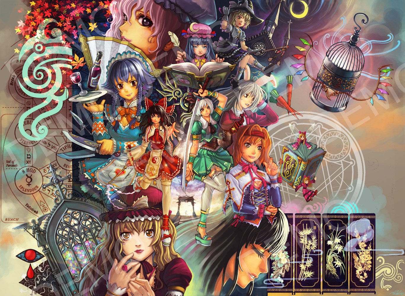 blueeves, alice margatroid, flandre scarlet, hakurei reimu, houraisan kaguya, izayoi sakuya, kirisame marisa, konpaku youmu, patchouli knowledge, reisen udongein inaba, saigyouji yuyuko, shanghai doll, yakumo yukari, touhou, 6+girls, animal ears, birdcage, book, cage, female focus, hat, magic circle, maid, multiple girls, rabbit ears, sky, upper body, wings
