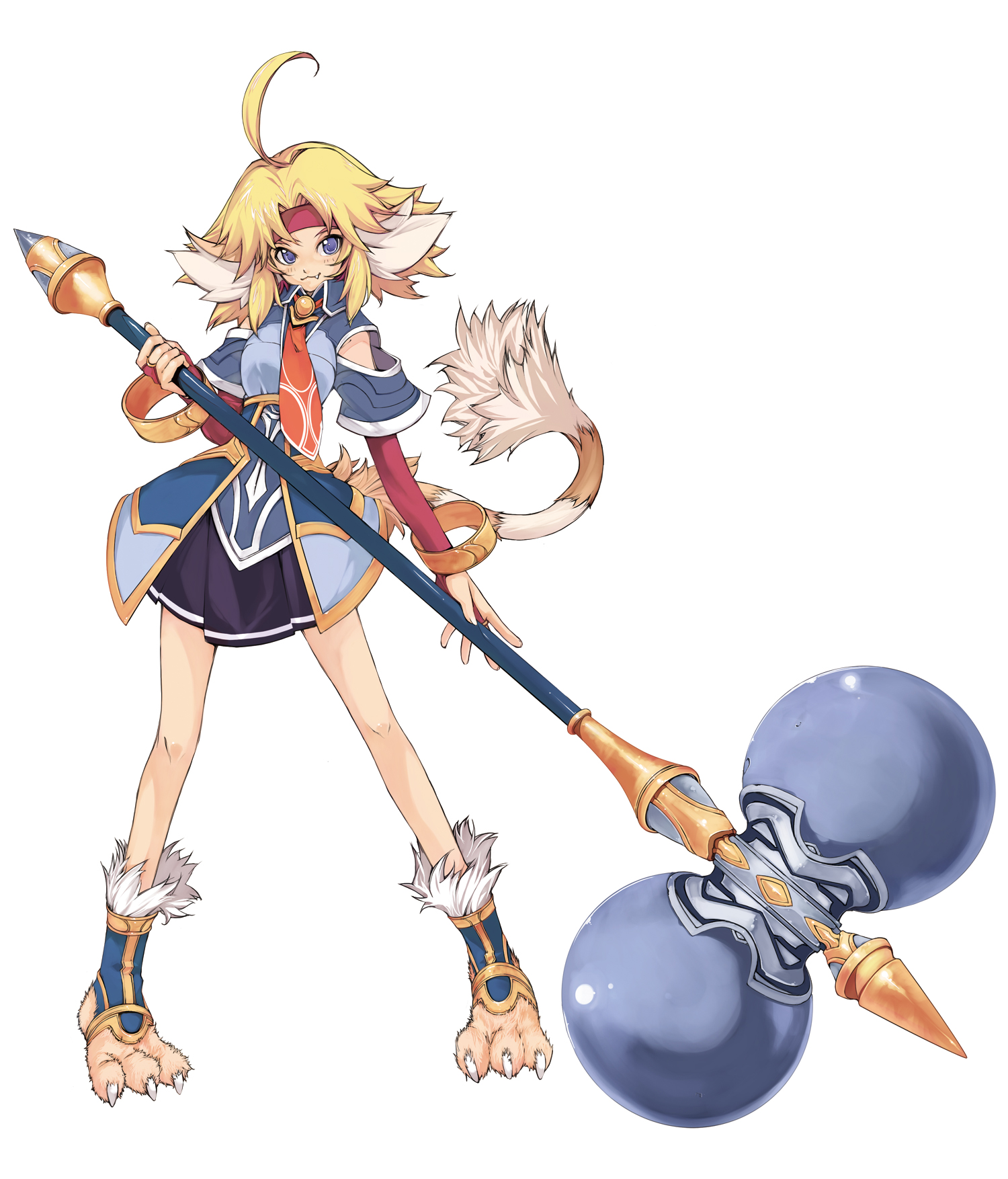 yoshizumi kazuyuki, nicole mimi tithel, atelier (series), gust, mana khemia, mana khemia (series), highres, official art, 1girl, ahoge, animal ears, animal hands, blonde hair, blue eyes, bridal gauntlets, claws, fang, female focus, headband, polearm, solo, spear, tail, weapon