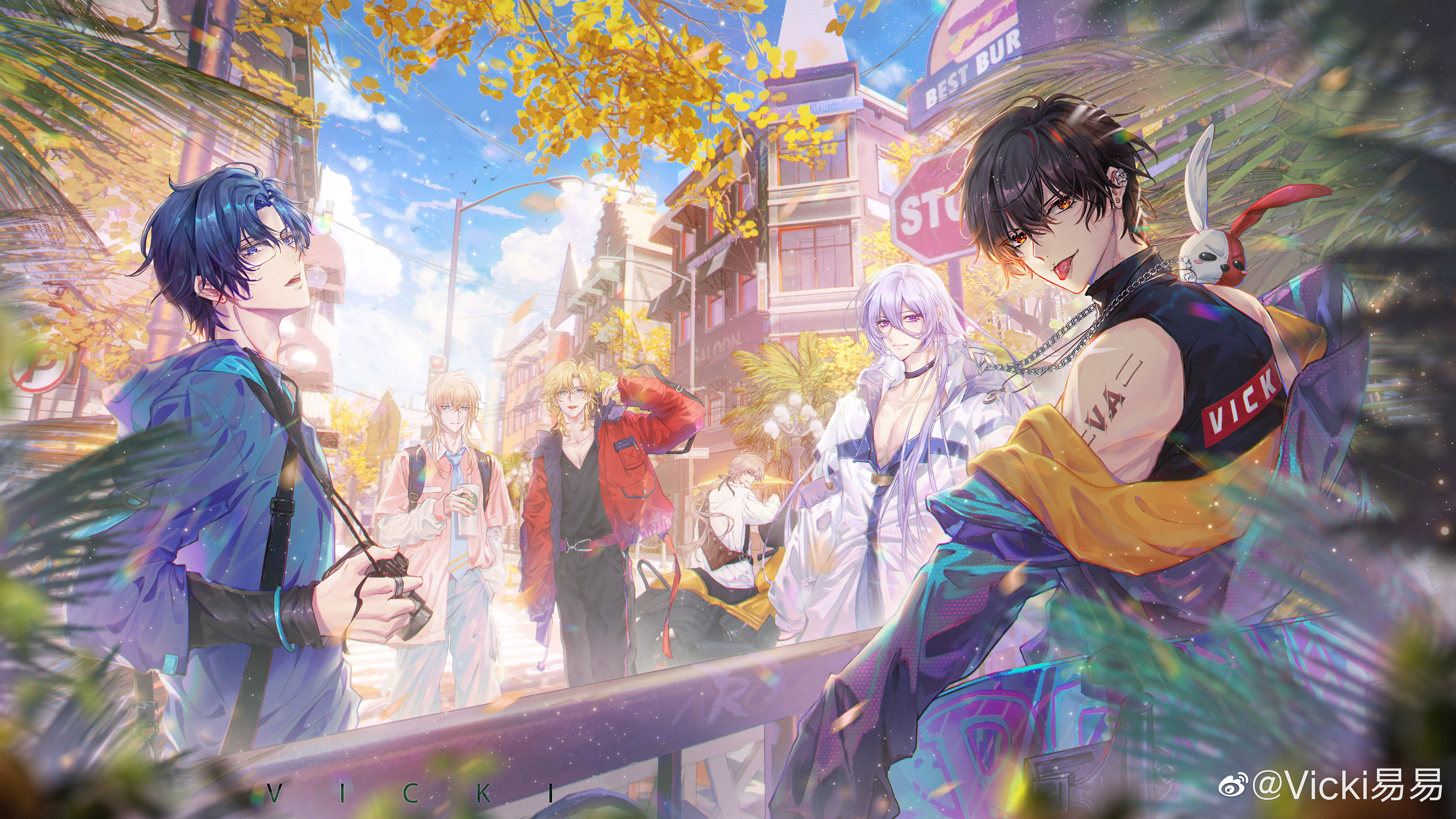 vicki yiyi, alkaid mcgrath, ayn alwyn, cael anselm, clarence clayden, lars rorschach, lovebrush chronicles, absurdres, chinese commentary, highres, making-of available, 6+boys, :d, :p, alternate costume, animal, animal on shoulder, aqua eyes, arm at side, artist name, backpack, bag, baggy pants, bare shoulders, belt, black choker, black hair, black pants, black shirt, blonde hair, blue eyes, blue hair, blue hoodie, blue necktie, blue pants, blue shirt, blurry, bracelet, breast pocket, brown hair, building, camera, camera around neck, carrying, carrying under arm, chain, chain necklace, choker, closed mouth, cloud, collarbone, collared shirt, cowboy shot, crosswalk, cup, curtained hair, day, depth of field, disposable cup, drinking straw, earclip, earrings, fanny pack, ginkgo leaf, ginkgo tree, glasses, green eyes, grey eyes, grin, hair between eyes, hair ribbon, half updo, hand in pocket, hand up, handbag, helmet, holding, holding bag, holding camera, holding cup, holding skateboard, holding unworn helmet, holographic clothing, honeycomb (pattern), hood, hood down, hooded jacket, hoodie, jacket, jewelry, lamppost, layered sleeves, leaf, light particles, long bangs, long hair, long sleeves, looking at viewer, looking back, looking to the side, low ponytail, male focus, medium hair, motor vehicle, motorcycle, multiple boys, necklace, necktie, o'connor (lovebrush chronicles), off shoulder, on motorcycle, open clothes, open jacket, open mouth, outdoors, palm leaf, pants, parted bangs, parted lips, pectoral cleavage, pectorals, pink shirt, plunging neckline, pocket, ponytail, print shirt, purple eyes, purple jacket, railing, red belt, red eyes, red jacket, ribbon, ring, road, road sign, shirt, shirt partially tucked in, short hair, short over long sleeves, short sleeves, shoulder bag, shoulder tattoo, sideways glance, sign, sitting, skateboard, sleeveless, sleeveless turtleneck, sleeves past fingers, sleeves past wrists, smile, standing, stop sign, street, streetwear, stud earrings, stuffed animal, stuffed rabbit, stuffed toy, tattoo, tongue, tongue out, traffic light, triangle necklace, turtleneck, turtleneck shirt, two-sided fabric, two-sided jacket, unworn headwear, unworn helmet, upper body, v-neck, very long hair, watermark, weibo watermark, white hair, white jacket, white shirt