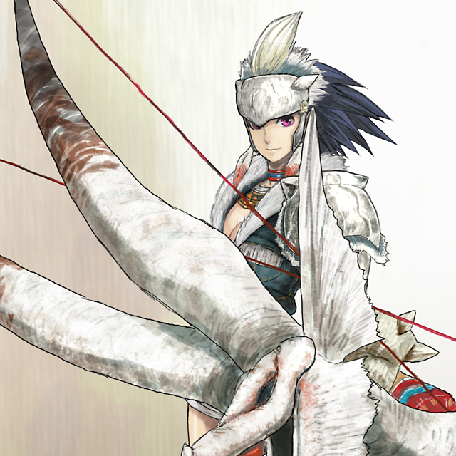 bezi, capcom, monster hunter (series), 1girl, blue hair, bow, bow (weapon), choker, conga (armor), female focus, hat, pink eyes, solo, weapon