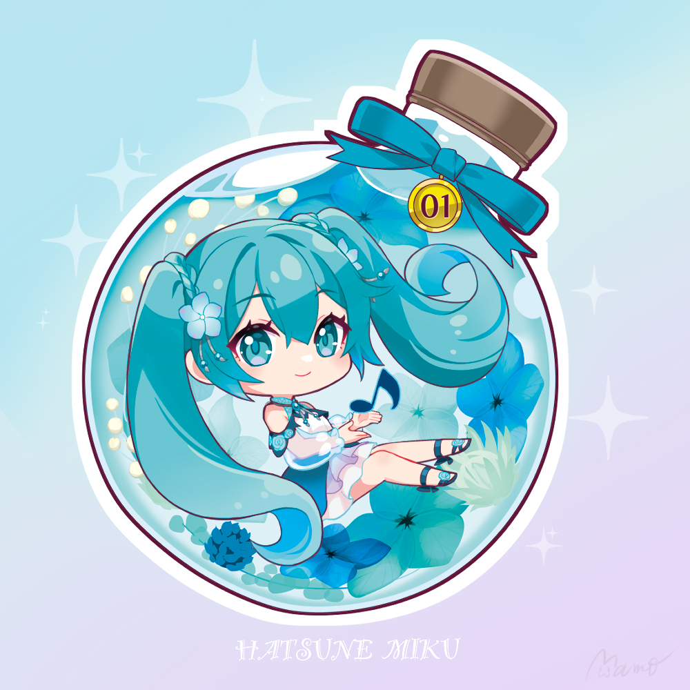 mamo (fortune-mm), hatsune miku, vocaloid, commentary request, 1girl, bare shoulders, blue background, blue eyes, blue hair, blue shoes, character name, chibi, chibi only, closed mouth, double-parted bangs, dress, full body, gradient background, hair between eyes, in container, in jar, jar, long hair, long sleeves, looking at viewer, musical note, purple background, see-through clothes, see-through sleeves, shoes, signature, smile, solo, sparkle, twintails, two-tone background, white dress
