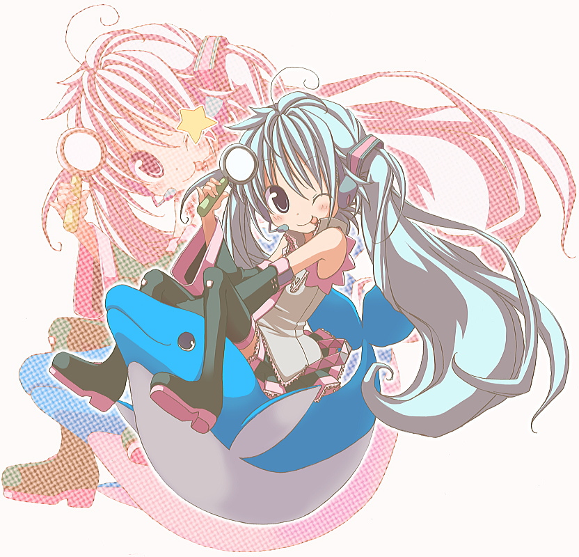 kuro (kuroneko no kanzume), hatsune miku, vocaloid, silver hair, 1girl, ;), black skirt, blush, female focus, full body, headgear, long hair, looking at viewer, one eye closed, sitting, skirt, smile, solo, straddling, twintails, very long hair, zoom layer
