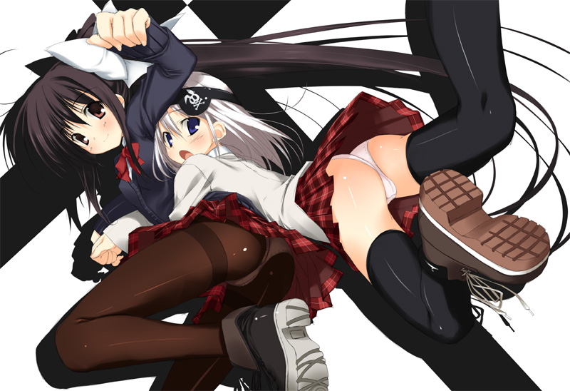 kagome (traumatize), original, 2girls, multiple girls, panties, panties under pantyhose, pantyhose, school uniform, serafuku, thighband pantyhose, thighhighs, underwear, white panties