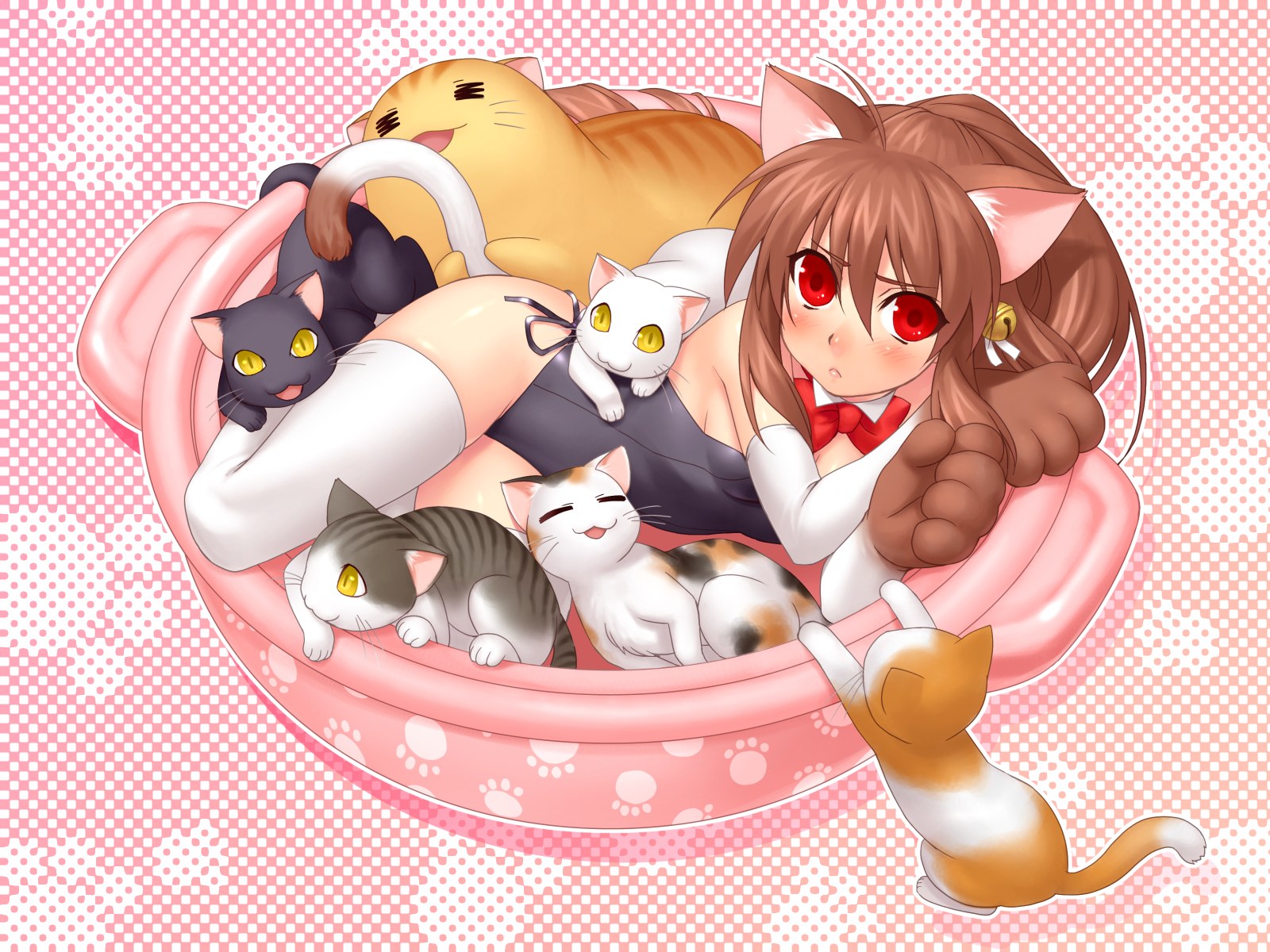 zen, doruji, lennon, natsume rin, little busters!, highres, 1girl, animal ears, animal hands, cat, cat ears, cat tail, elbow gloves, female focus, gloves, kittysuit, nontraditional playboy bunny, paw gloves, solo, tail, thighhighs, zettai ryouiki