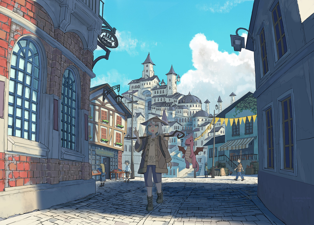 wu ba pin, original, commentary request, 2boys, 3girls, awning, backpack, bag, blue eyes, blue sky, boots, brick road, brown jacket, building, city, cloud, cumulonimbus cloud, day, dragon, fantasy, grey hair, hanging lantern, hat, jacket, mage staff, multiple boys, multiple girls, open mouth, outdoors, pavement, power lines, scenery, shop, shorts, sky, spire, tower, walking, wide shot