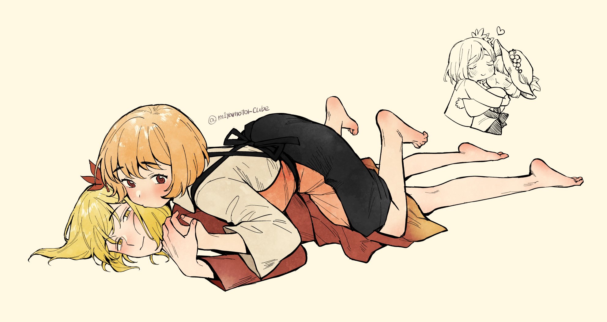 miyamoto (dominocube6), aki minoriko, aki shizuha, touhou, commentary request, highres, 2girls, aki sandwich (meme), apron, barefoot, black skirt, blonde hair, blush, closed mouth, hair ornament, heart, hug, hug from behind, leaf hair ornament, long sleeves, lying, meme, multiple girls, on stomach, orange apron, red shirt, red skirt, shirt, short hair, siblings, sisters, skirt, smile, toes, twitter username, yellow eyes, yellow shirt
