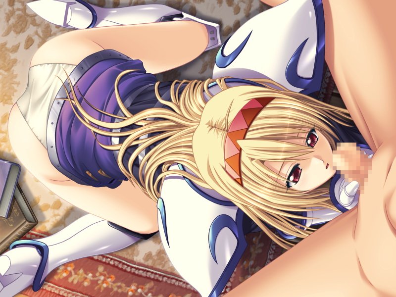 hatozuki tsumiki, mine fukaki se ni tayutau uta, game cg, 1girl, ahoge, armor, armored dress, ass, blonde hair, censored, clothed female nude male, dress, fellatio, hairband, mosaic censoring, nude, oral, panties, penis, solo focus, underwear, white panties