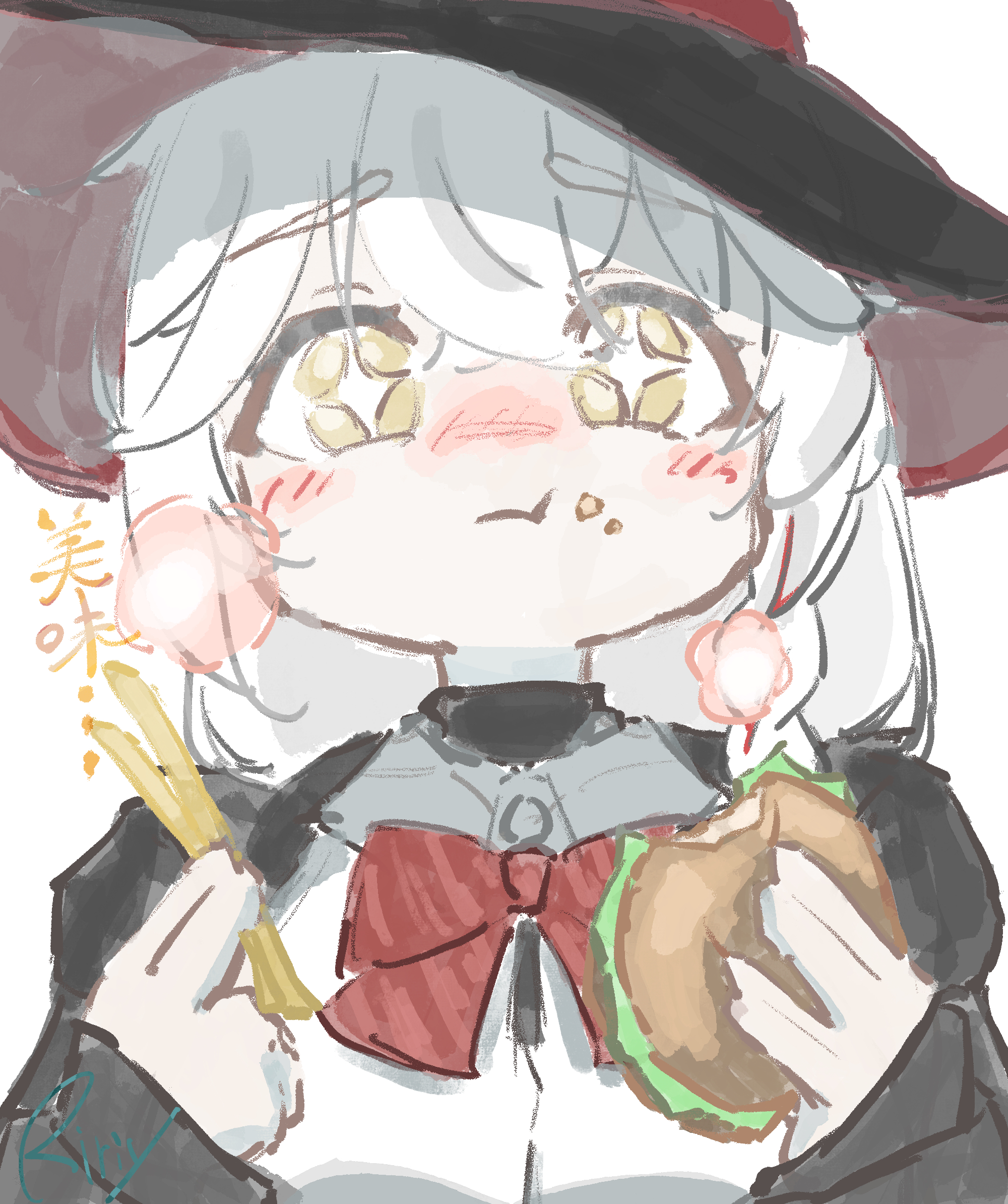 eri (blue archive), blue archive, blush stickers, bow, bowtie, braid, burger, eating, food, french fries, halo, hat, jacket, long coat, long hair, magissa atelier, orange eyes, shirt, smoke puffs, sparkling eyes, sweater, upper body, white hair, witch hat