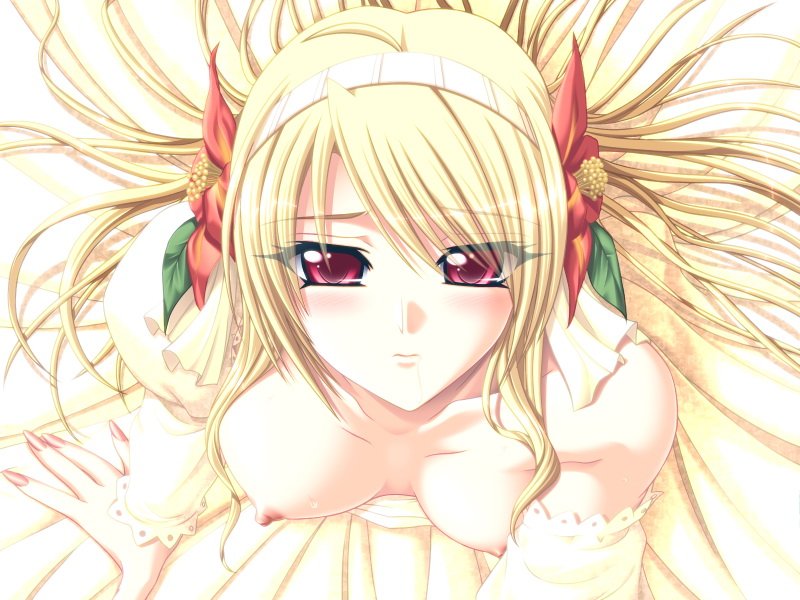 hatozuki tsumiki, mine fukaki se ni tayutau uta, game cg, 1girl, ahoge, blonde hair, blush, breasts, collarbone, detached sleeves, female focus, flower, hair ornament, hairband, large breasts, long hair, looking up, nail polish, nipples, red eyes, saliva, solo, very long hair