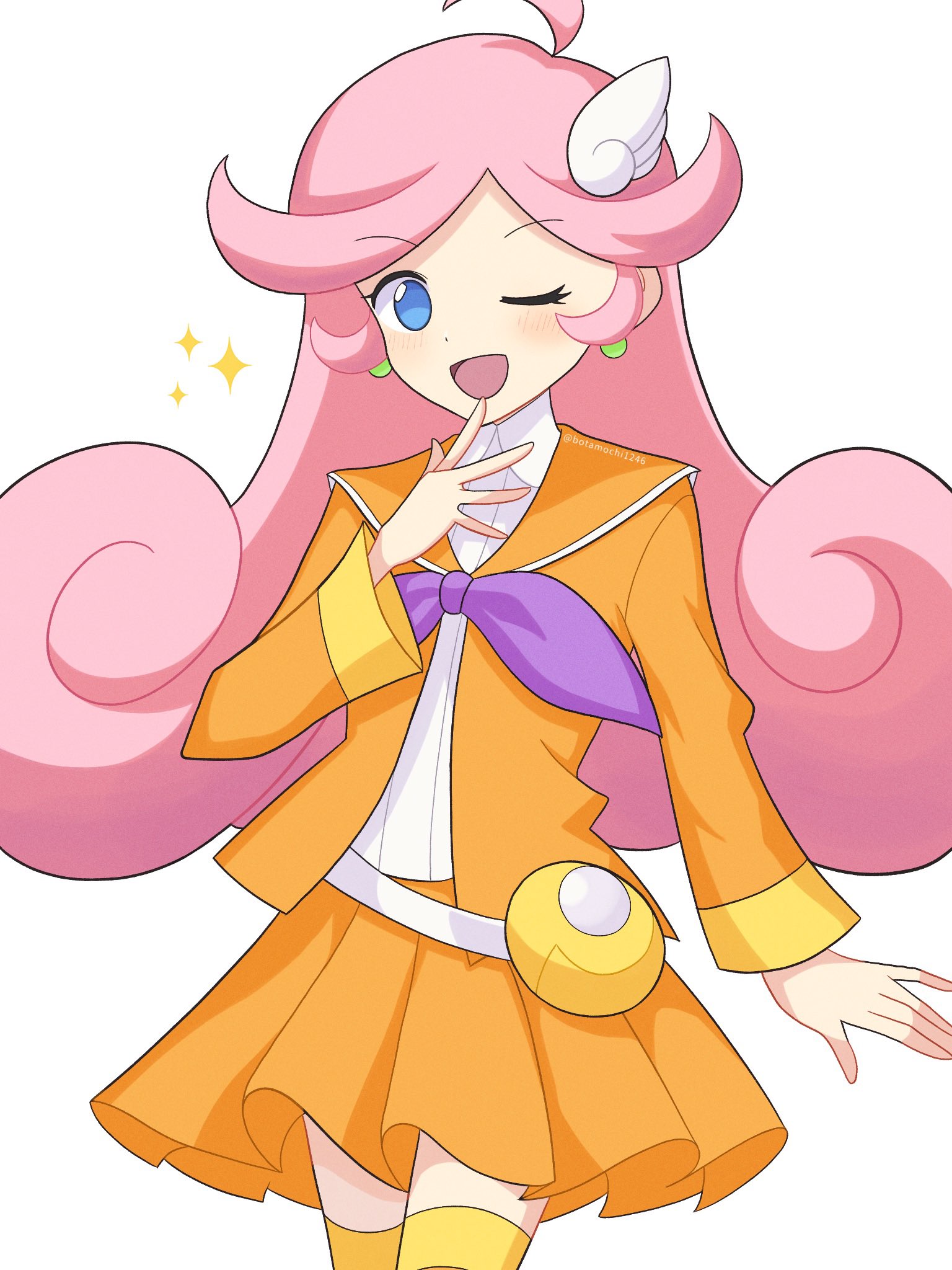 botamochi126, raffina (puyopuyo), puyopuyo, puyopuyo fever, highres, 1girl, ;d, blue eyes, cowboy shot, earrings, jacket, jewelry, long hair, long sleeves, looking at viewer, one eye closed, open mouth, orange jacket, orange skirt, pink hair, pleated skirt, shirt, skirt, smile, solo, twitter username, very long hair, white background, white shirt
