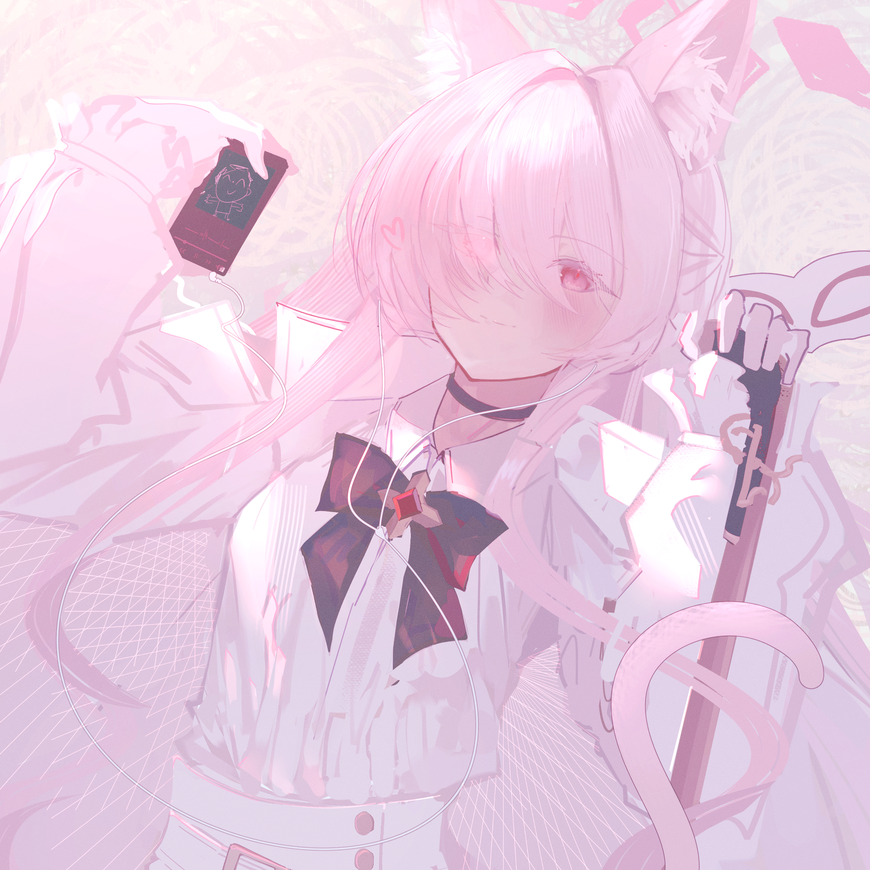 kira guil, akira (blue archive), sensei (blue archive), blue archive, absurdres, commentary, highres, 1girl, :d, animal ear fluff, animal ears, belt, black choker, blue bow, blue bowtie, blush, bow, bowtie, card, cat ears, cat girl, cat tail, choker, claw pose, collared shirt, colored eyelashes, cowboy shot, double-parted bangs, eyes visible through hair, fang, frilled sleeves, frills, hair between eyes, hair intakes, halo, hand up, long hair, long sleeves, looking at viewer, one side up, open mouth, pants, paw print, pink background, pink halo, red eyes, shirt, sidelocks, simple background, skin fang, slit pupils, smile, solo, straight hair, tail, tail raised, very long hair, white background, white belt, white eyelashes, white pants, white shirt